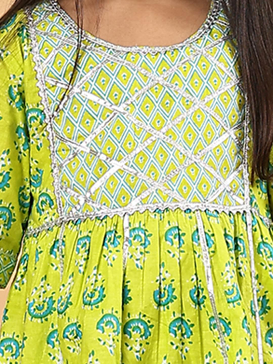 superminis Baby Girls Cotton Sanganeri Printed Frock Style Kurti with Printed Sharara Dress & Outfit (4-5 Years, Green) 4