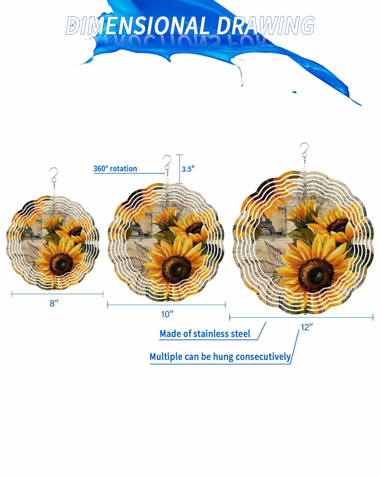 Plant Wind Spinners, Retro Sunflower Hanging Wind Spinners for Yard and Garden 3D Stainless Steel Metal Sculptures Crafts Ornaments 10 Inch
