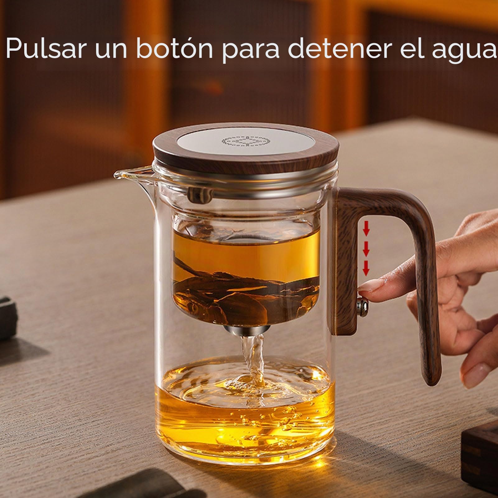 Vaporizador de Té En Hojas Sueltas, 800ml Separación del Agua Tetera de Vidrio con Colador Mango de Madera Interruptor Magnético, Infusor de Té | Jarra de Té para Casa