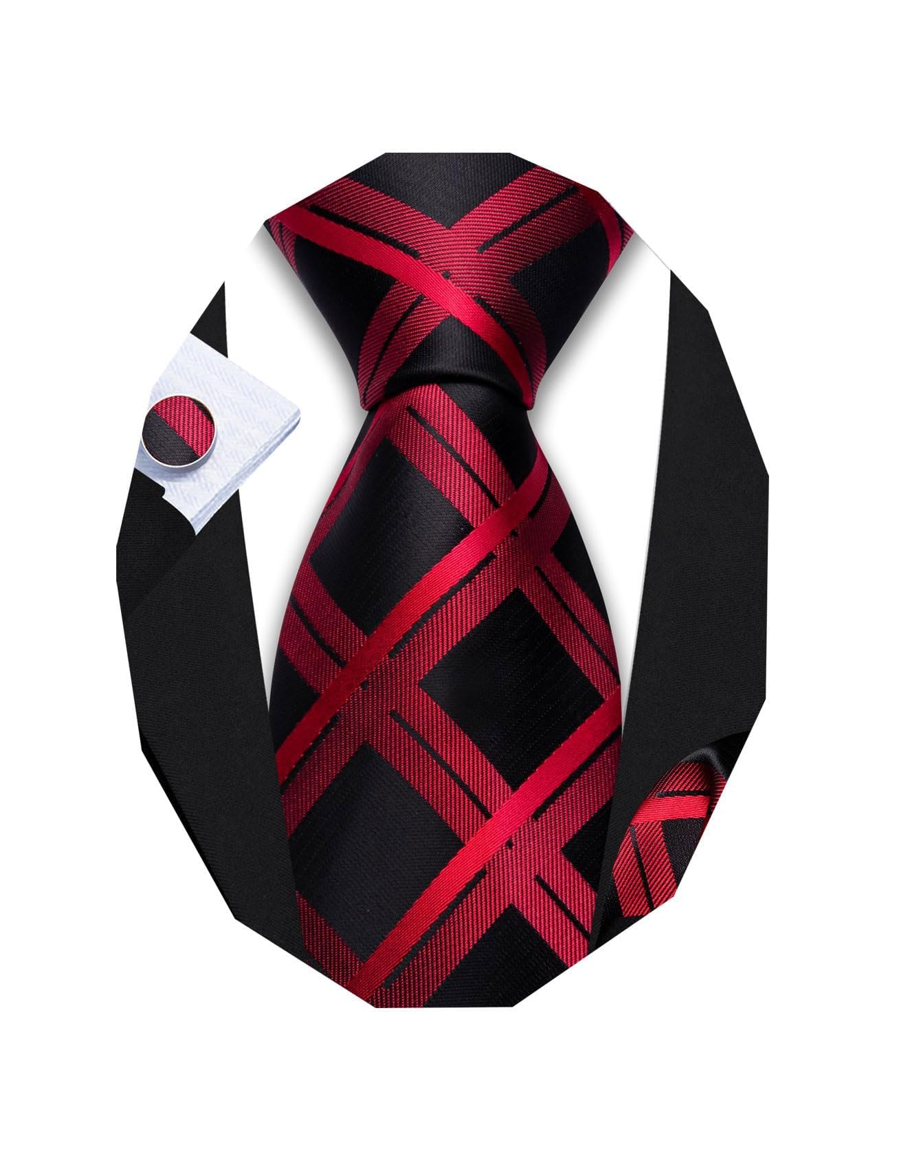 Barry.Wang Men Ties Set Silk Necktie Silk Checked Woven Pocket Square Cufflinks Wedding Business