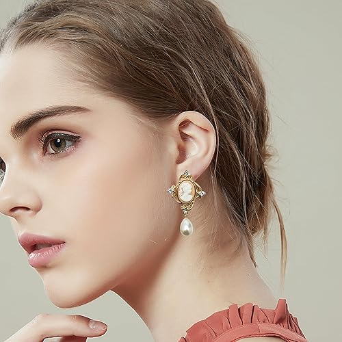 Miniatura 5 de Aretes de camafeo en tono dorado, joyería vintage, estilo victoriano, Art Deco, cristal antiguo, perlas de imitación, pendientes de gota