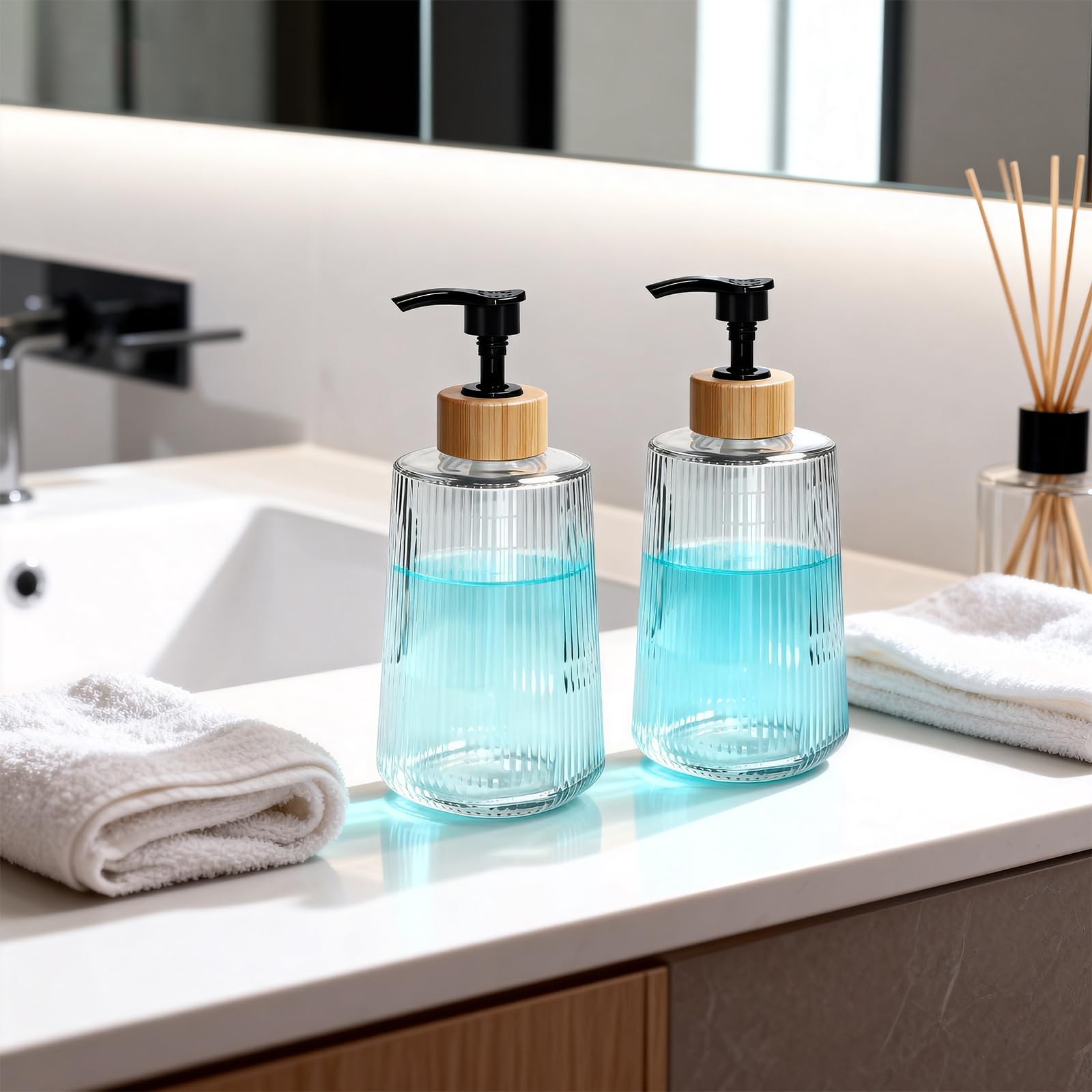 Dispenser di sapone in vetro, dispenser di sapone per le mani in vetro ispessito per bagno, cucina, bottiglie di liquido per lavare i piatti, bottiglie di shampoo e balsamo, stile moderno in stile