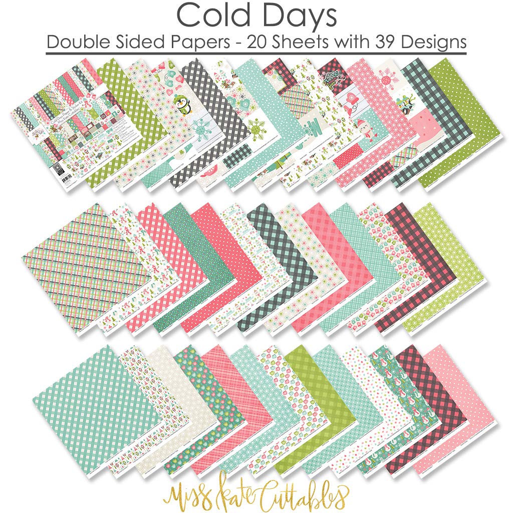 Miss Kate Cuttables Paper & Sticker Kit - Cold Days - Winter - 20 Double-Sided 12x12 Papers with 39 Designs & 1 8X12 Sticker Sheet - Scrapbooking Card Making Crafting