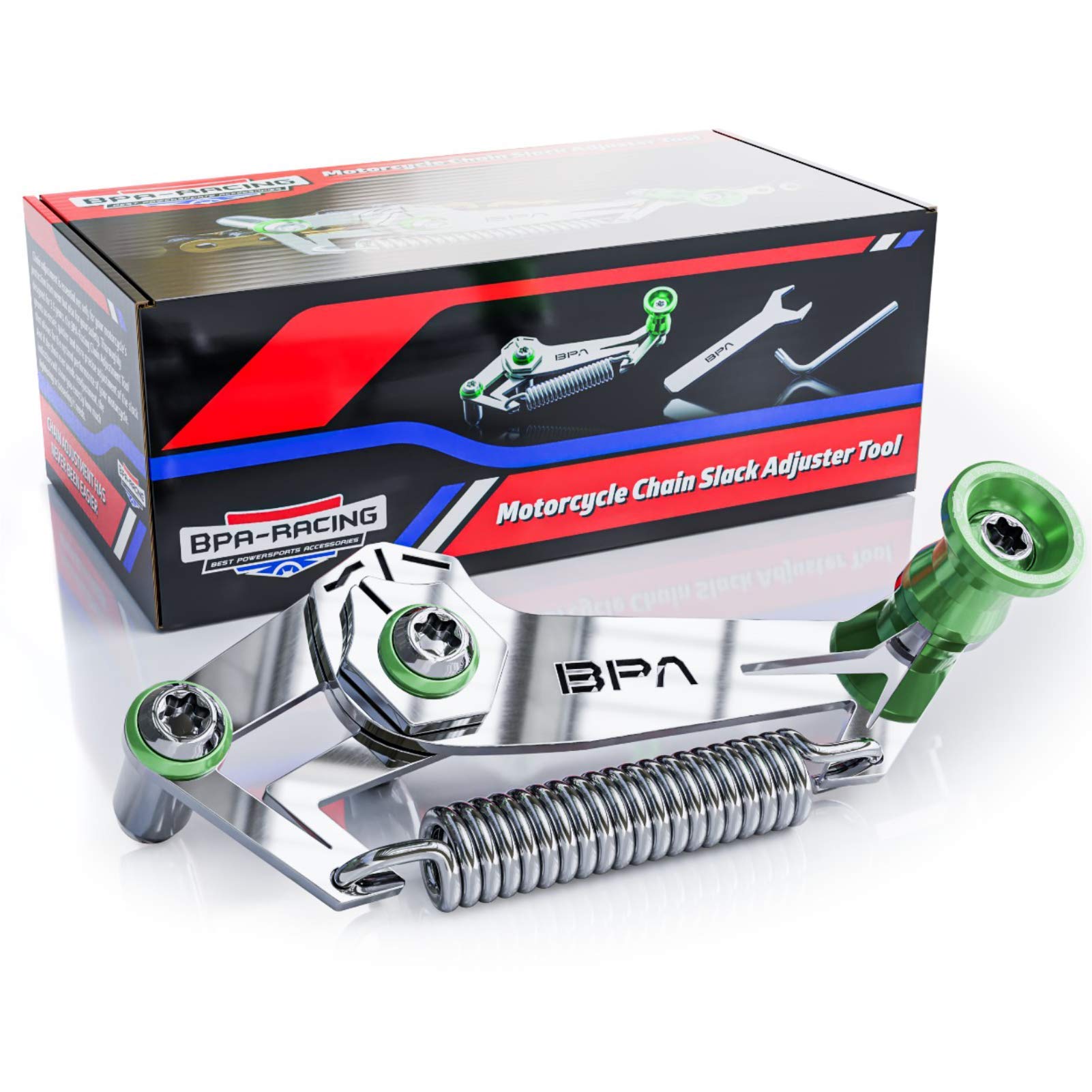 BPA–Racing Motorcycle Chain Slack Adjuster Tool - Innovative Chain Tensioner Tool For Easy, Quick &amp; Precise Chain Slack Adjustment- Chain Alignment Tool (Green)