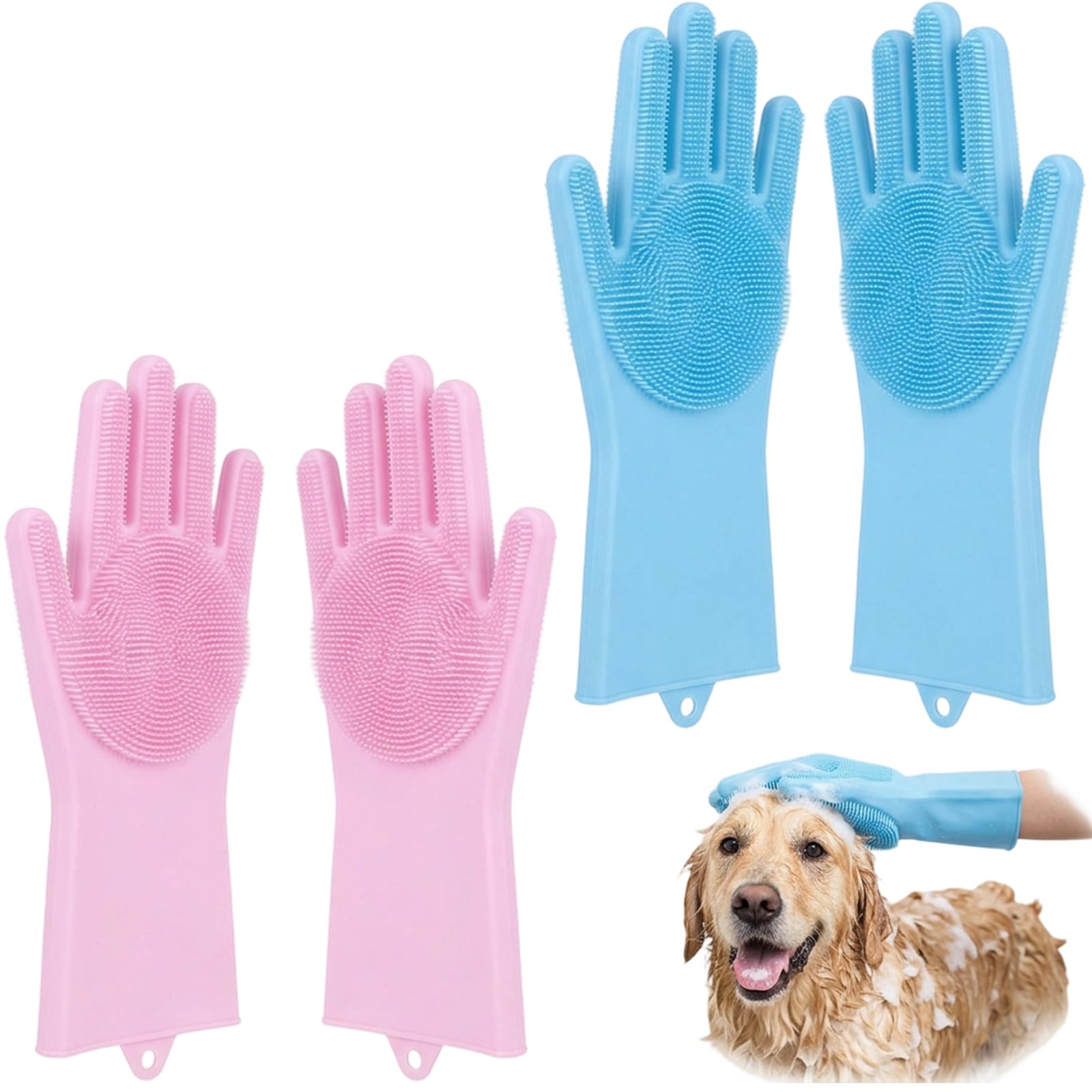 QhgPnt Dog Washing Gloves 2 Pair, Dog Washing Gloves, Cat Grooming Glove, With Hanging Hole, 3 in 1 Bathing, Deshedding and Massaging Cleaning Glove Multifunction for Pet(Blue and Pink)