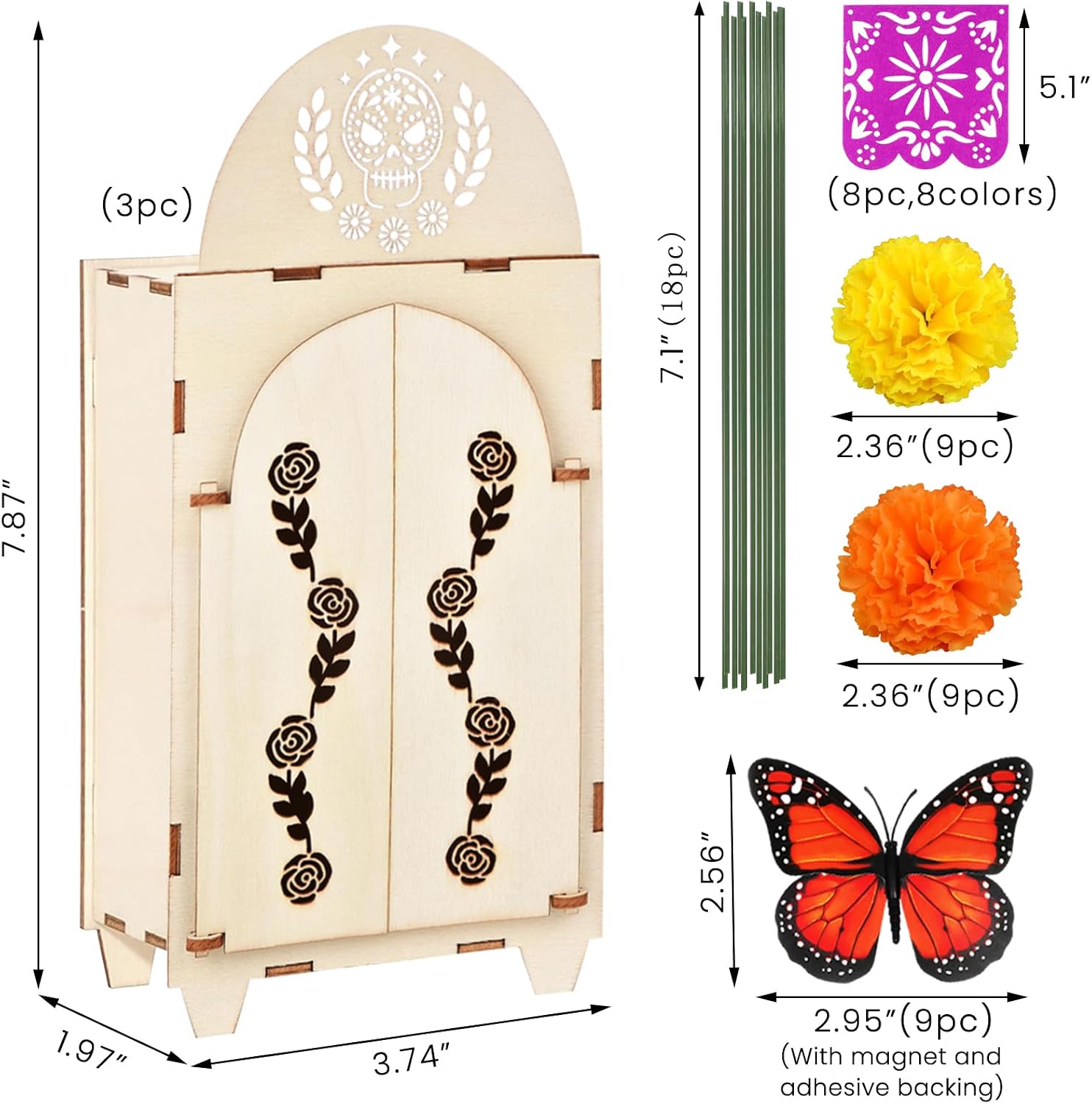sicutoz 3-Pack Day of the Dead Altar Kit – DIY Ofrenda Shadow Box with 18 Marigold Flowers, 9 Monarch Butterflies, Papel Picado Banners – Dia de Los Muertos Decor for Remembrance & Celebration