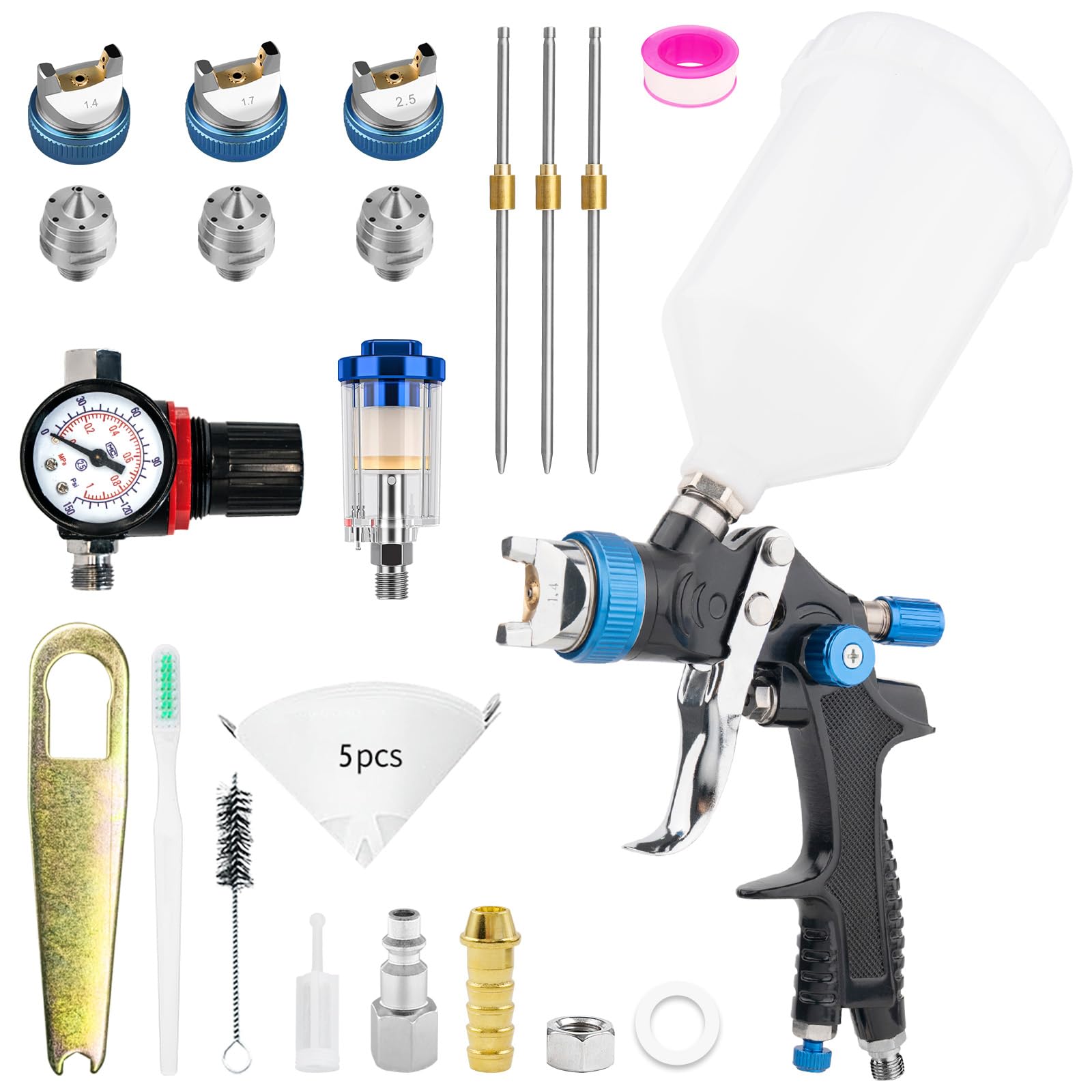HVLP - Pistola professionale per verniciatura a gravità, 3 ugelli, 1,4/1,7/2,5 mm, tazza 600 cc per gravità e manometro HVLP mobili per auto pistola di riparazione (blu)