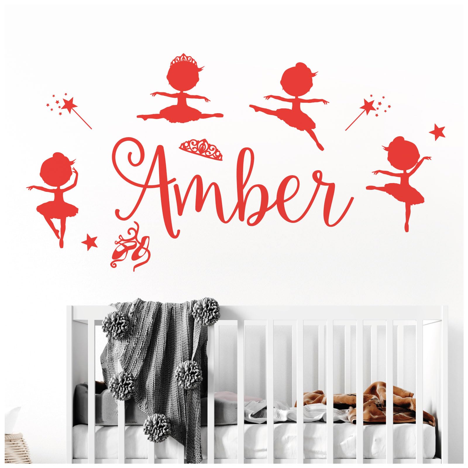 Personalised Name Girls Wall Art Sticker - Baby Ballerina Little Princess, Ballet Shoes, Wand, Star [Large] [Poppy]