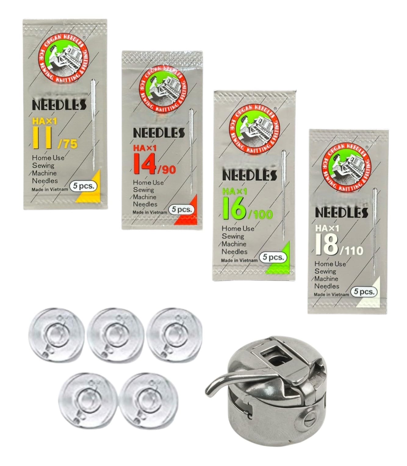 ZENITH Combo - HA 20 Needles Pack (Sizes 11, 14, 16, 18) + 1 Bobbin Case + 5 Transparent Plastic Bobbins | Compatible with Usha, Janome, Singer, Brother & Other Domestic Sewing Machines