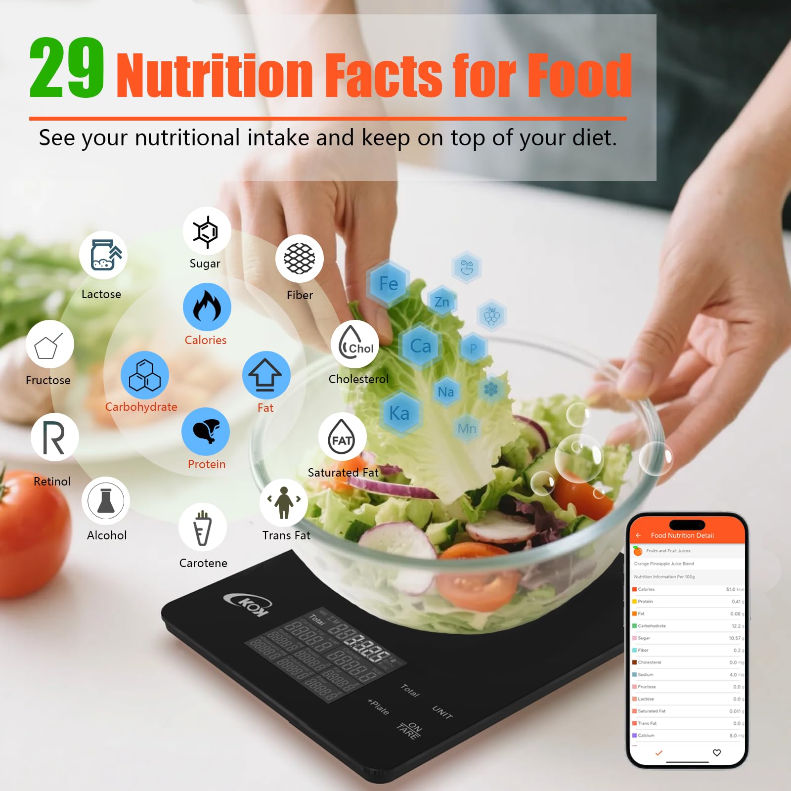 KOK Bilancia alimentare con calcolatrice nutrizionale, bilancia intelligente con app per monitorare carboidrati proteici per la perdita di peso, diabetici, cottura al forno e cheto, bilancia macro da