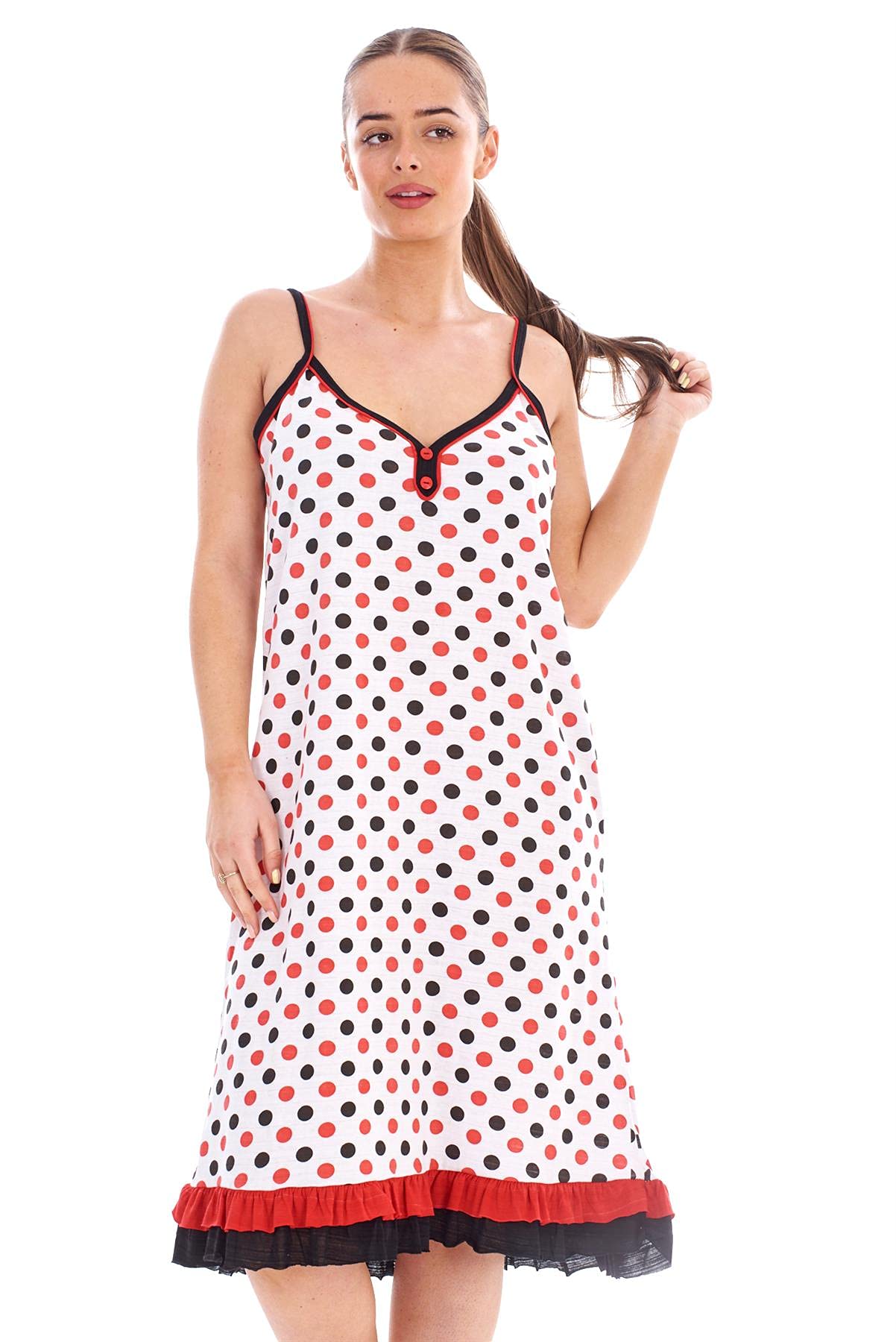 Malay Women's Red Strappy Ruffle Hem Polka Dot Nightdress Cotton V-Neck Cami Nightshirts