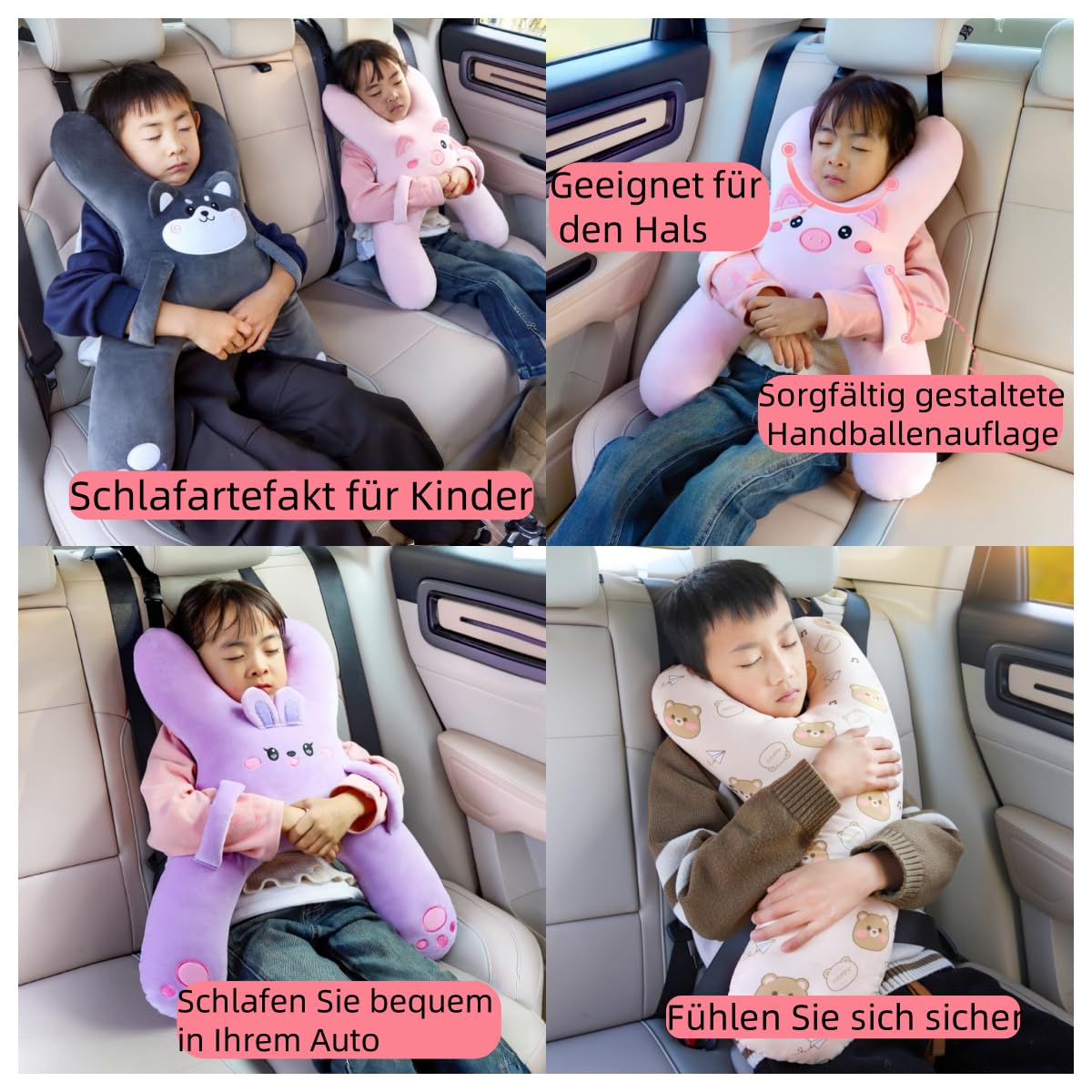 Schlafkissen Für Auto Kinder, Autositz Kissen Kinder,Kinderreisekissen,H-förmiges Auto Sicherheitsgurtkissen,Reisen, Flugzeug, Zug (Lila Kaninchen)