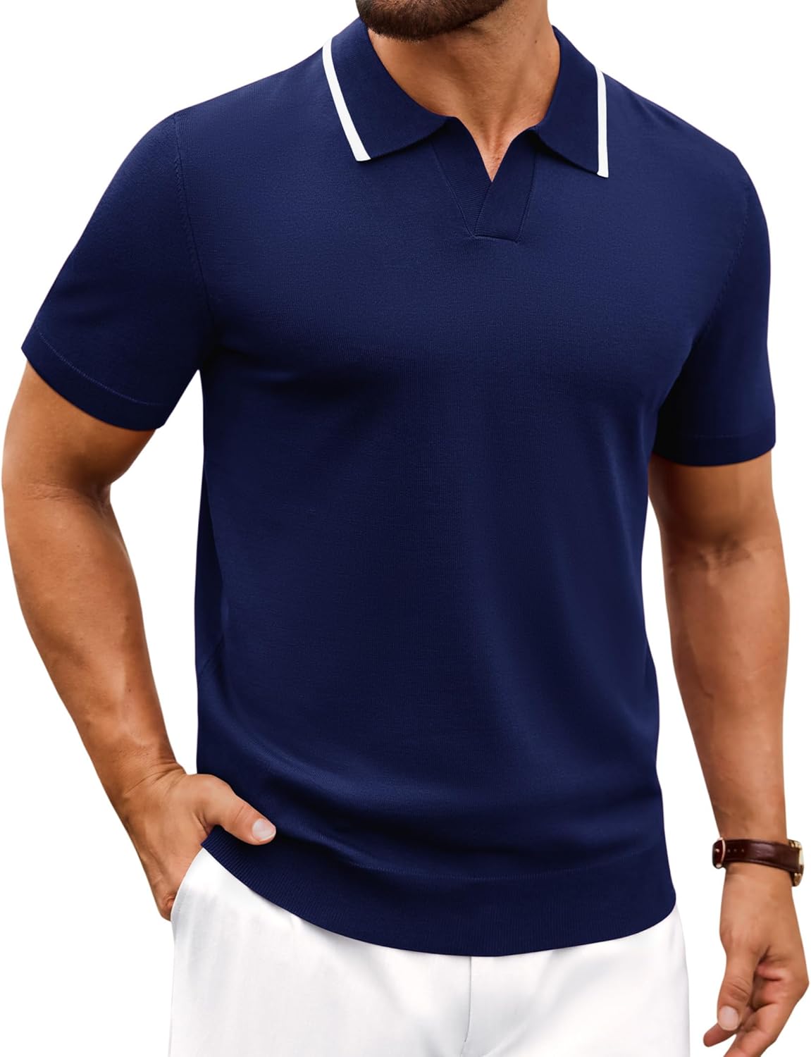 Alimens & Gentle Mens Polo Shirts Short Sleeve V Neck Regular Fit Polo Shirt Contrast Collar Knit Edge Casual Office Golf