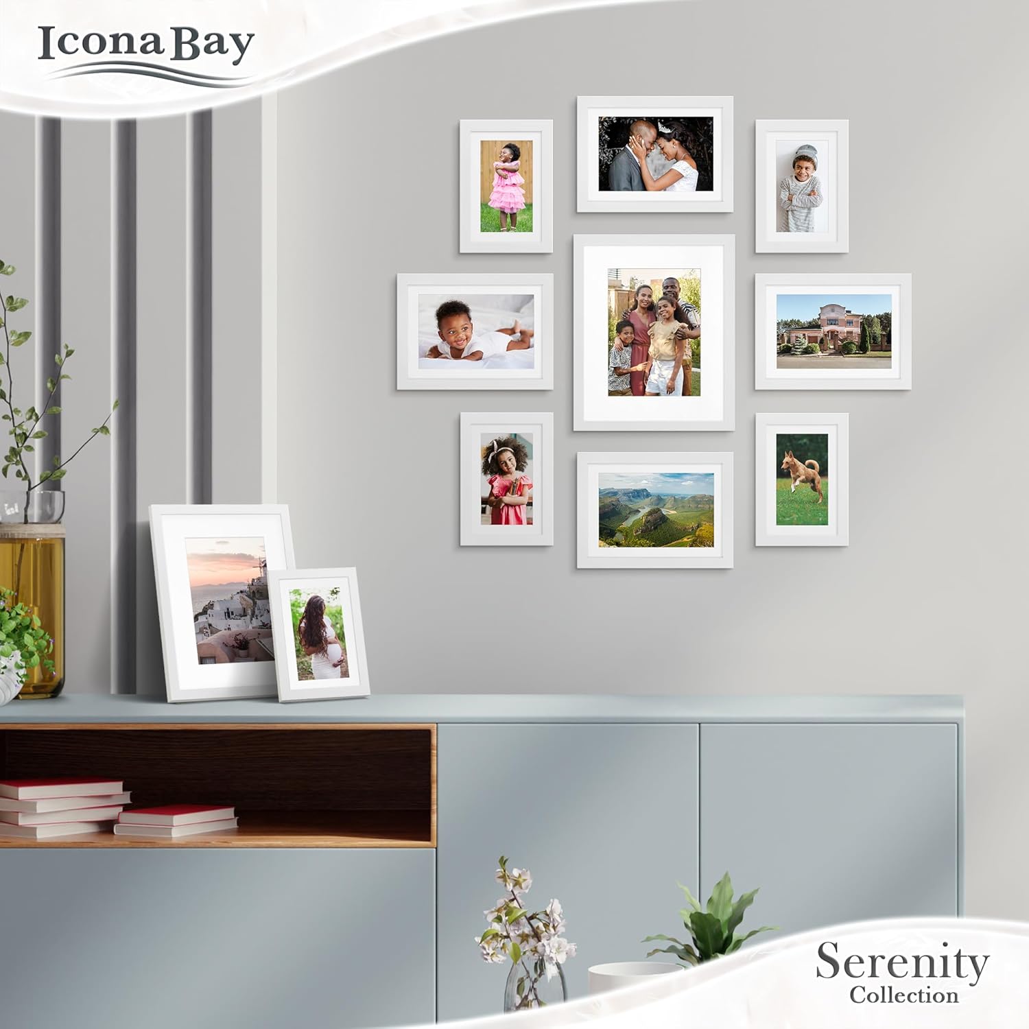 Icona Bay 5x7 Picture Frames w/Removable Mat for 4x6 Photos (White, 10 Pack), Sleek Modern Style Frames, Table Top or Wall Mount, Serenity Collection