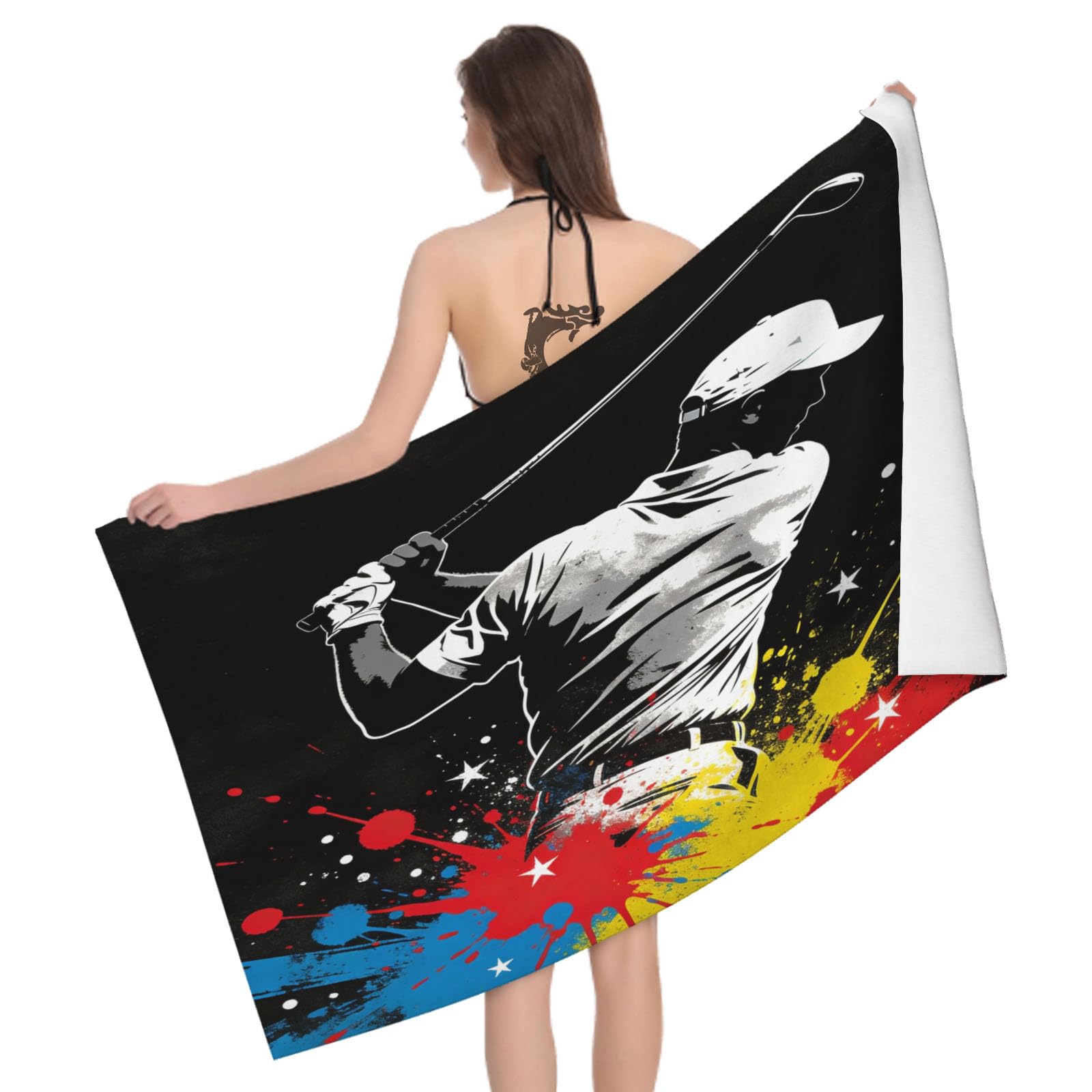 Leichong 3D Golf Ball Beach Towel Microfiber Soft Quick Dry for Adults, Splash Ink Style Bath Towel Lightweight Soft Absorbent for Travel Swimming Pool Sports, 75 x 150 cm