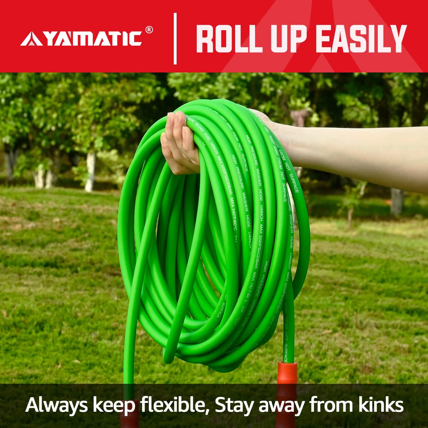 YAMATIC Flexible Pressure Washer Hose 25 FT X 1/4", Universal Replacement M22-14mm 15mm Adapters Compatible with Sun Joe, Craftsman, Greenworks, Ryobi, Troy Bilt Gas Electric Power Washer & Wand Green