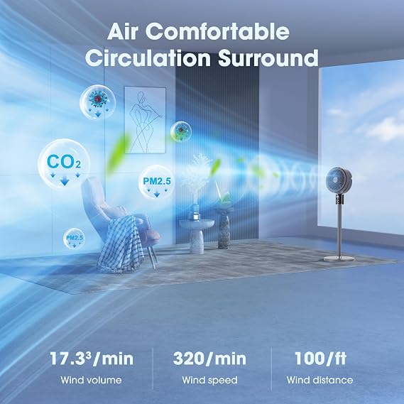 100ft CirculAir Oscillating Standing Fan for Bedroom, Quiet Pedestal Floor Fan with 17-37.8 Adjustable Height, AC Motor, Ultra Quiet 36-50dB, Touch & Remote Control, 3 Speeds, 12H Timer