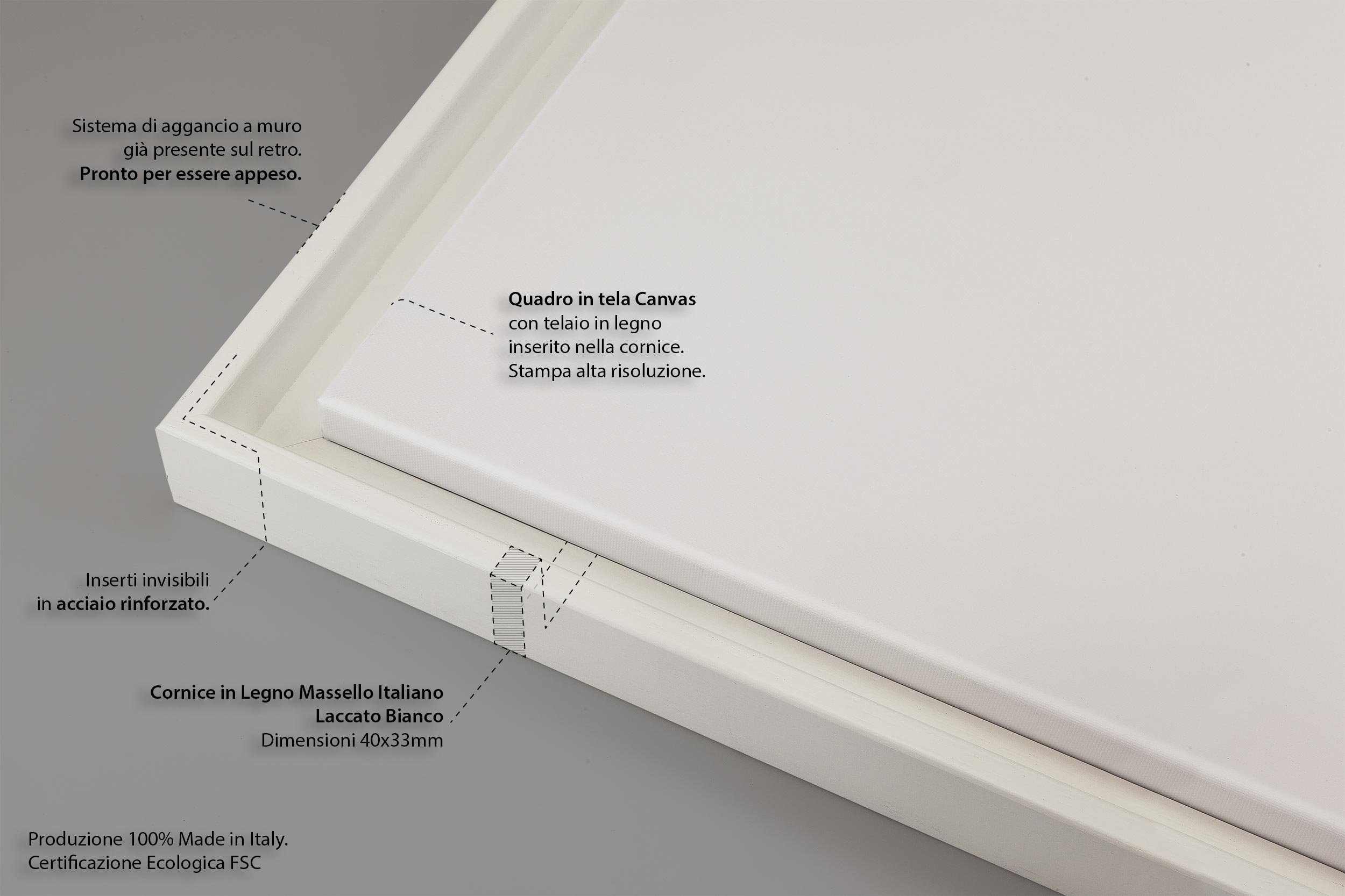 QUADRO SU TELA CANVAS INTELAIATO - CON CORNICE - Oceano Bianco e Nero - Paesaggio Natura Panorama - 70x100cm - Stile Contemporaneo Bianco - (cod.4381)