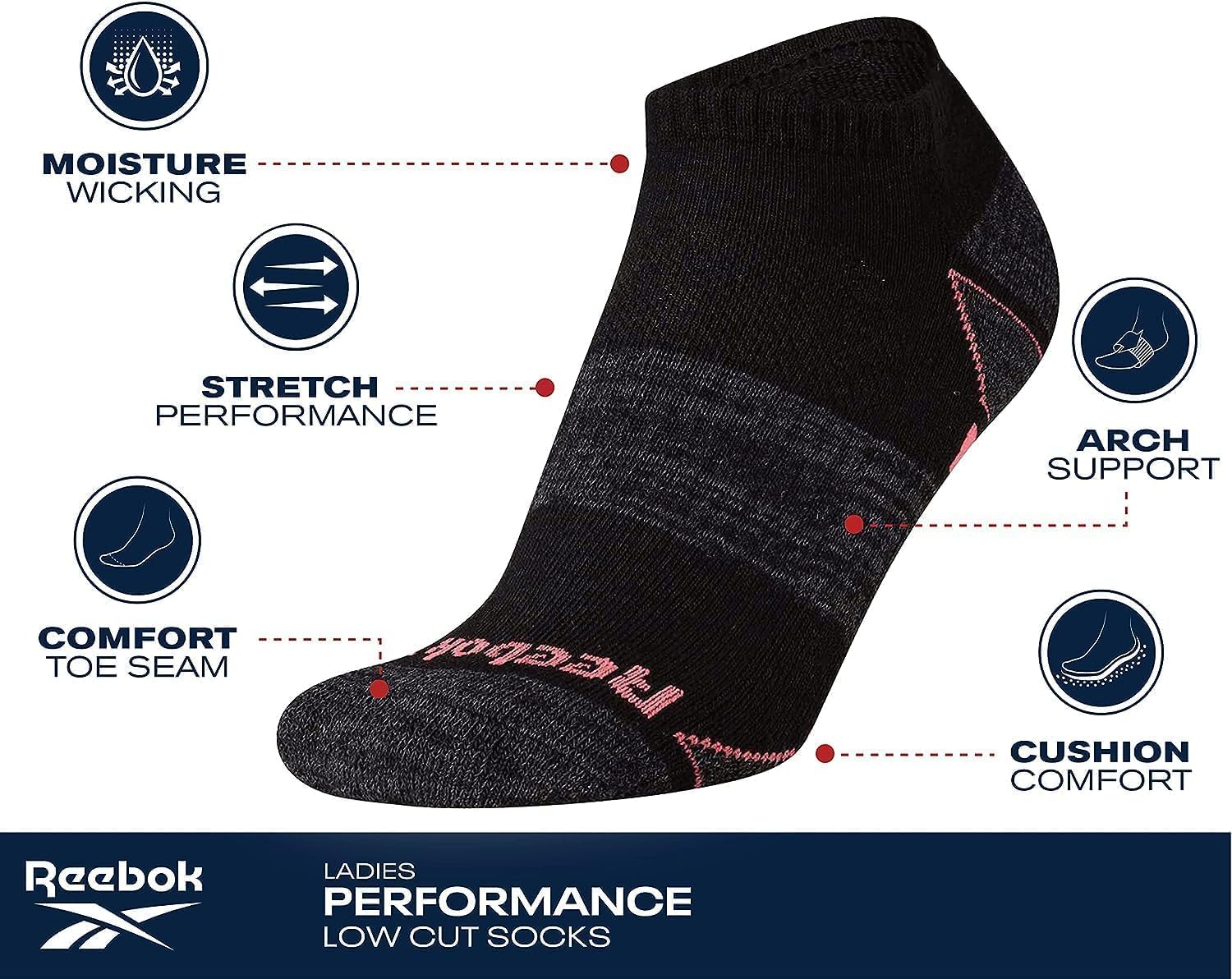 Reebok Womens Athletic Socks - Performance Cushioned Low Cut Socks (6 Pack) - Image 3