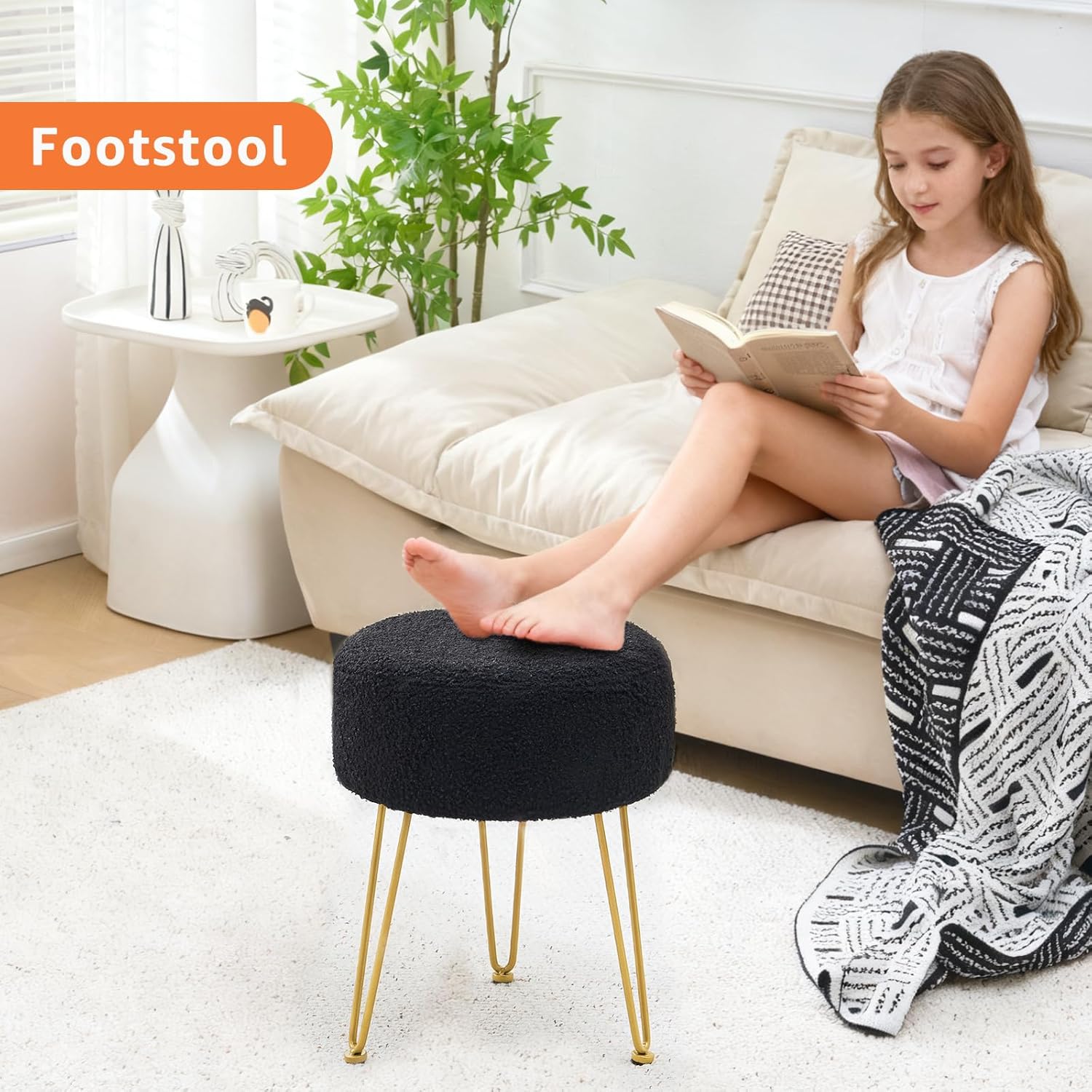 Vanity Stool, Teddy Velvet Ottoman Foot Stool, Dressing Table Seat with Metal Leg Vanity Chair for Bedroom, Living Room, Entryway, Offices