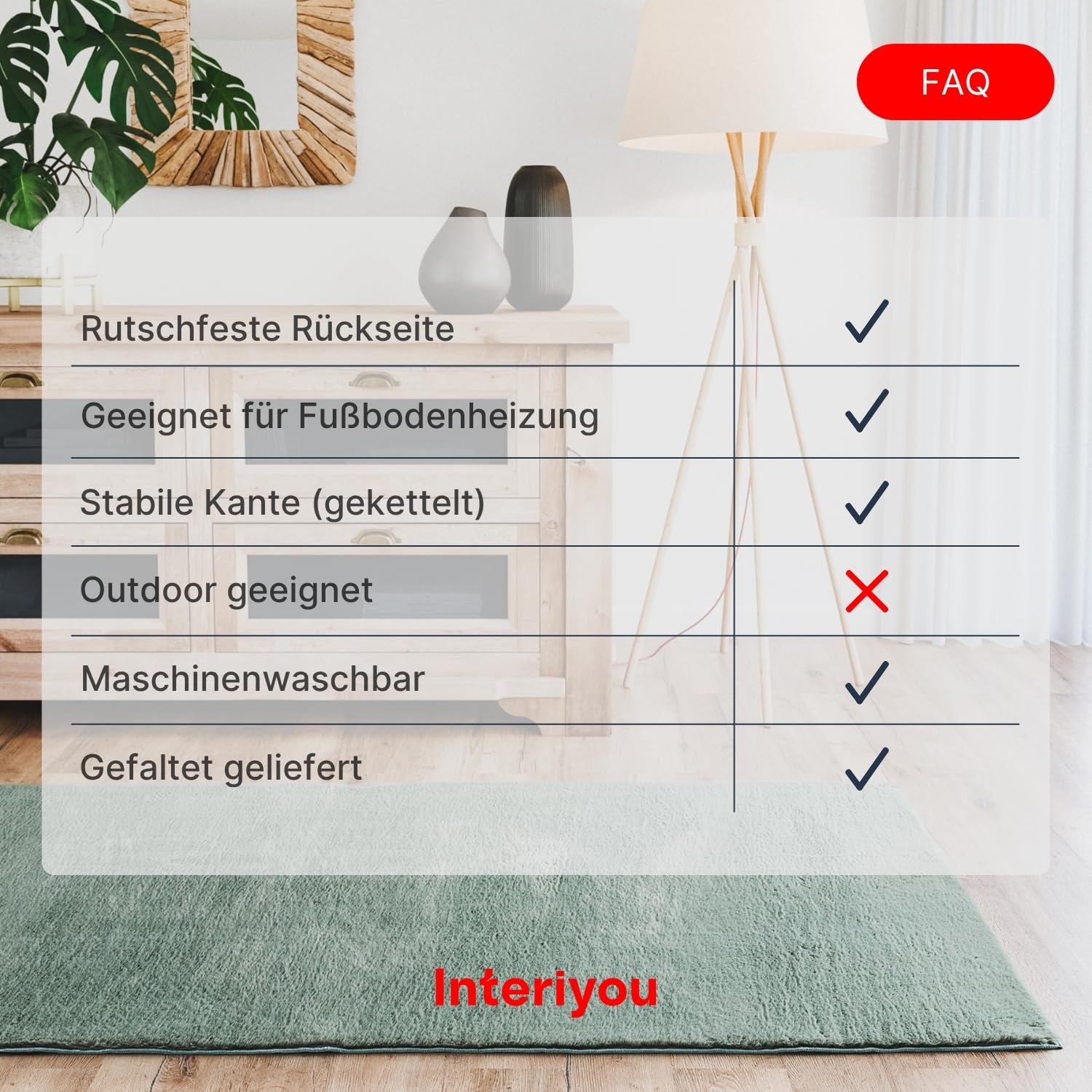 Interiyou Fargo - Teppich Wohnzimmer 80x300 cm Grün - Kurzflor Waschbar und rutschfest - Flauschiger Fellteppich aus Kunstfell - weicher Langflor Fell