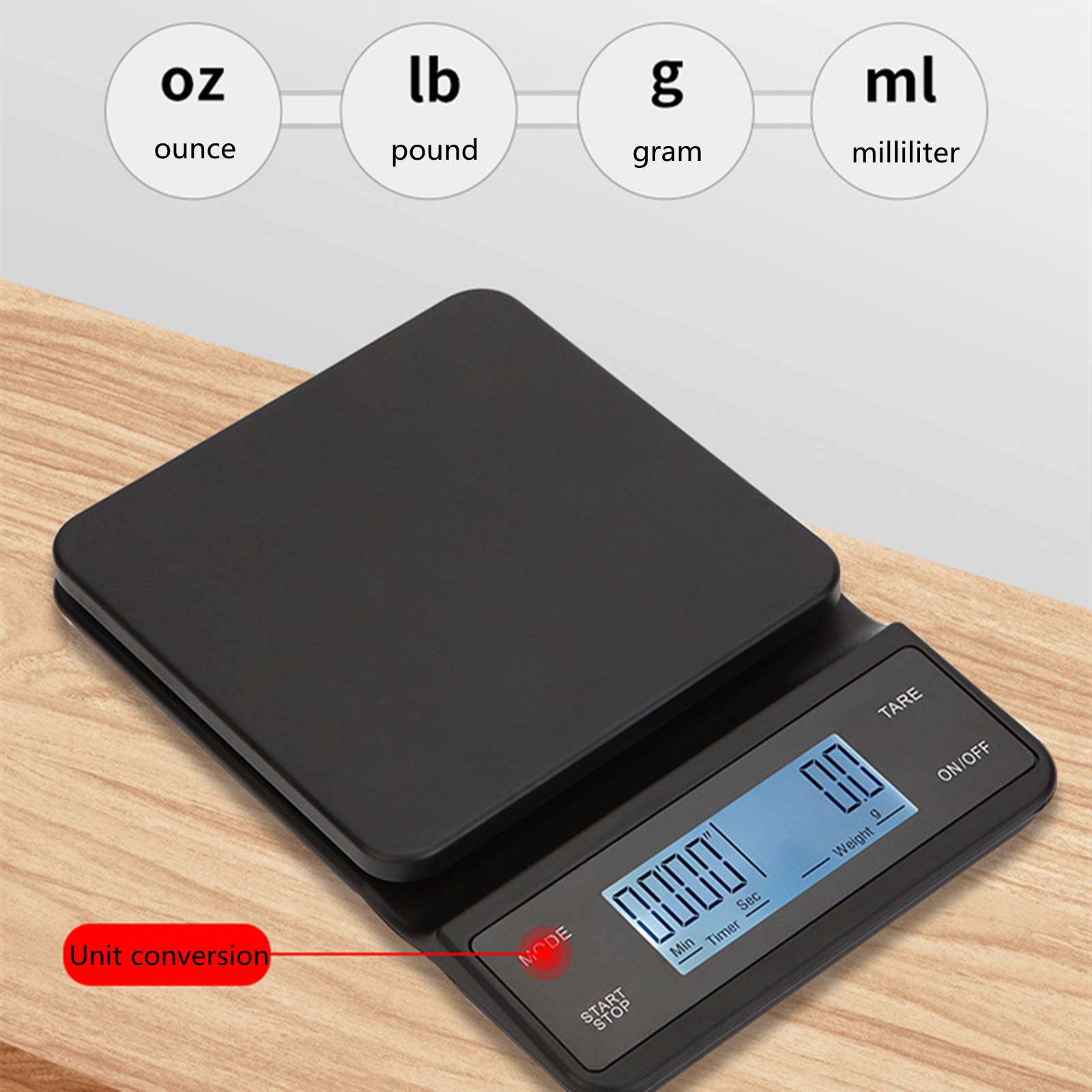 Diceaynico Bilancia Caffè con Timer Capacità 3KG Precisione 0.1g Bilancia Espresso Ricaricabile con Tappetino Termico per Uso Domestico e in Ufficio