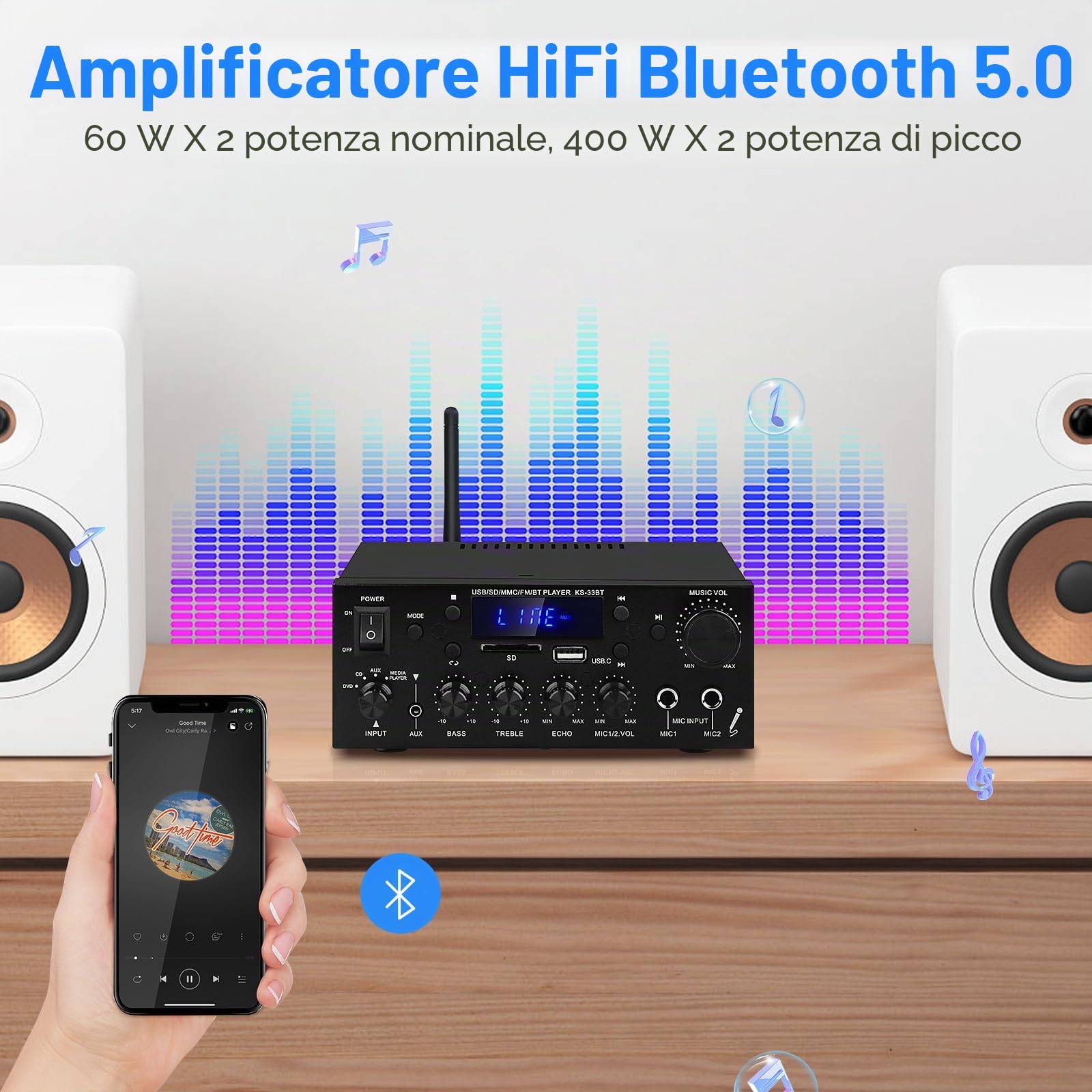Amplificatore Audio Casa,Bluetooth 5.0 HiFi Amplificatore,KS-33BT 2Canali RMS 60W X 2 Max 400W X 2 Amplificatore Stereo Ricevitore W/Echo, USB/SD/AUX/BT.C/FM Microfono per Home Cinema Auto, Festa