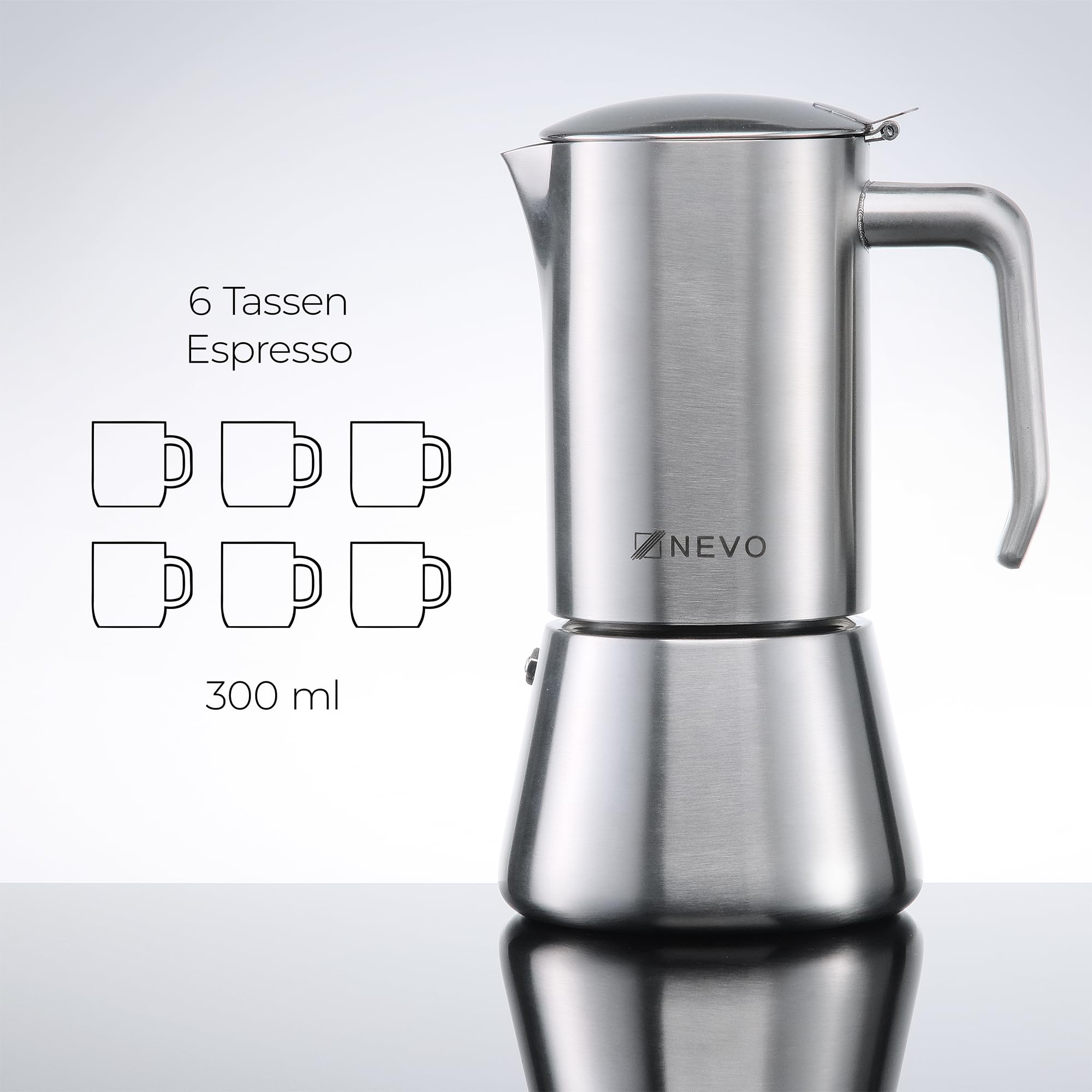 NEVO Cafetera de inducción de acero inoxidable, 6 tazas, libre de BPA y sostenible, para todo tipo de fuegos y camping, apta para lavavajillas, juego premium de cafetera moka – elegante para los
