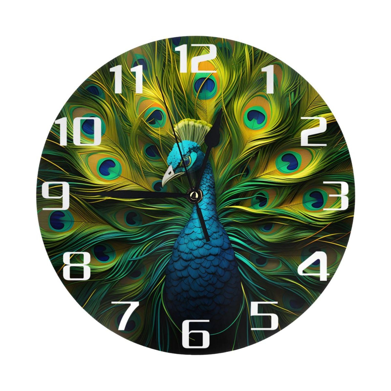 Tangopi Peacock Art Wall Clock 10 Inch Silent Non Ticking Wall Clocks Battery Operated Decorative Clock for Bedroom Kitchen Office Classroom (White)