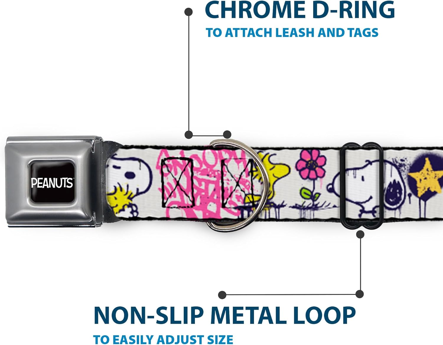 Peanuts Worldwide LLC Pet Collar, Dog Collar Metal Seatbelt Buckle, Peanuts Snoopy and Woodstock Graffiti Collage Multi Color, 16 to 23 Inches 1.5 Inch Wide