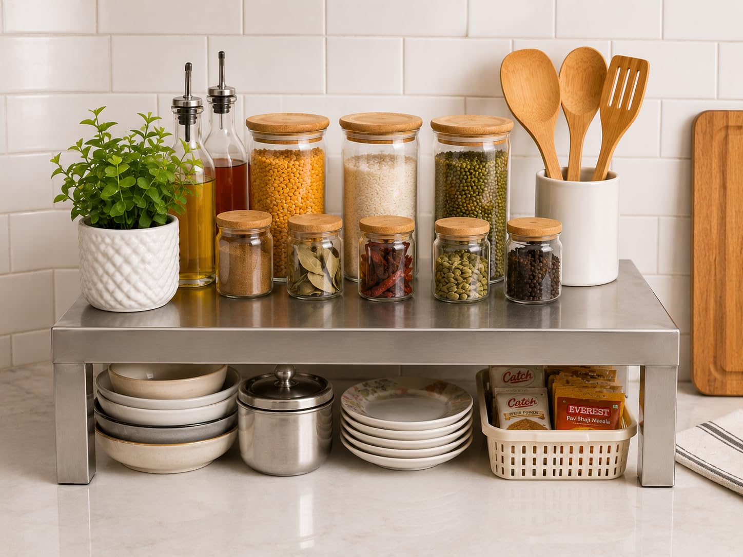 Steel Kitchen Organizer Stand | Masala Dabba Aur Bartan Rakhne Ka Platform | 16x16x6 Inch