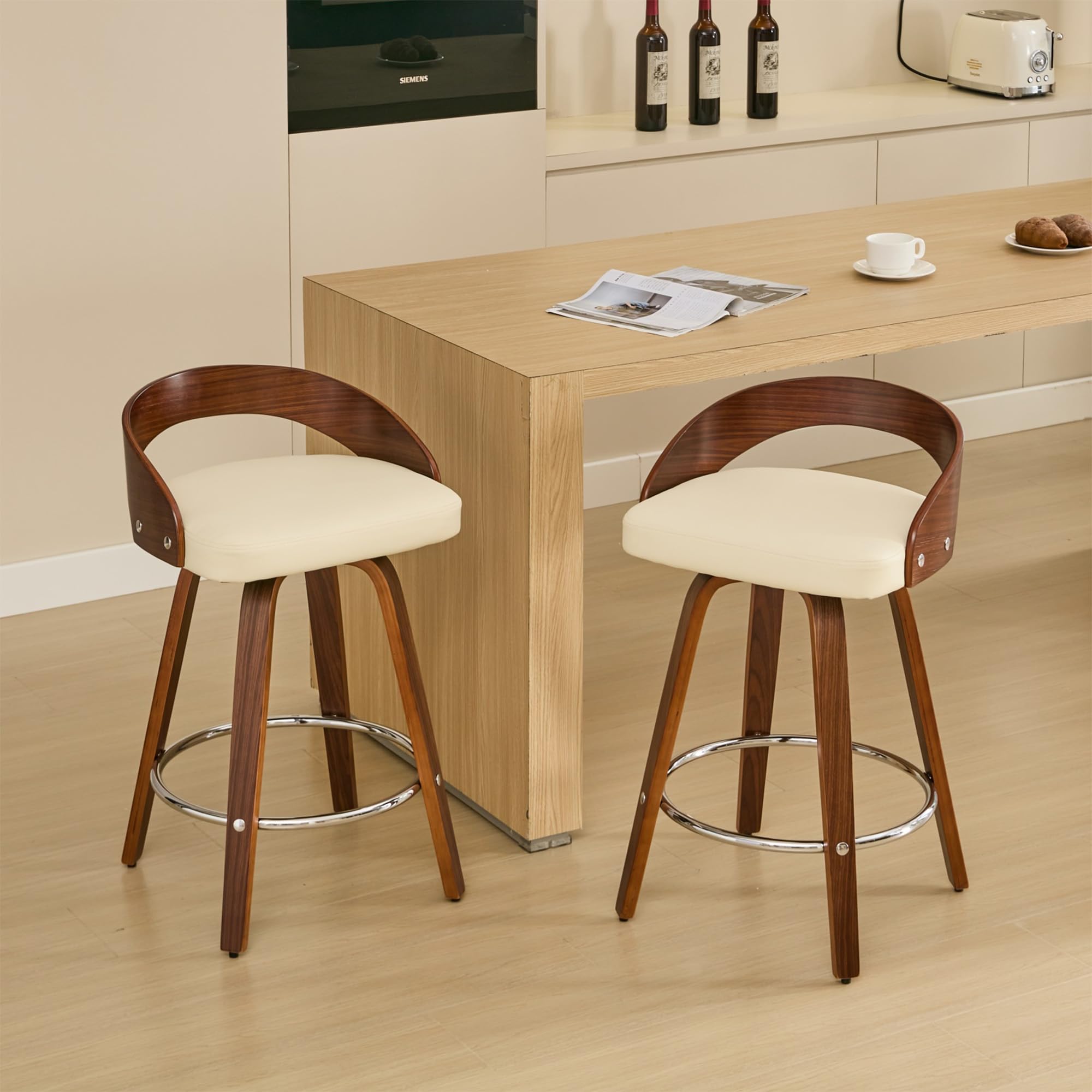 Swivel Bar Stools Set of 2, Mid Century Modern Bar Chairs Island Stools for Kitchen Counter, 25" Upholstered Faux Leather Counter Height Barstools with Walnut Back & Bentwood Legs (2, White)