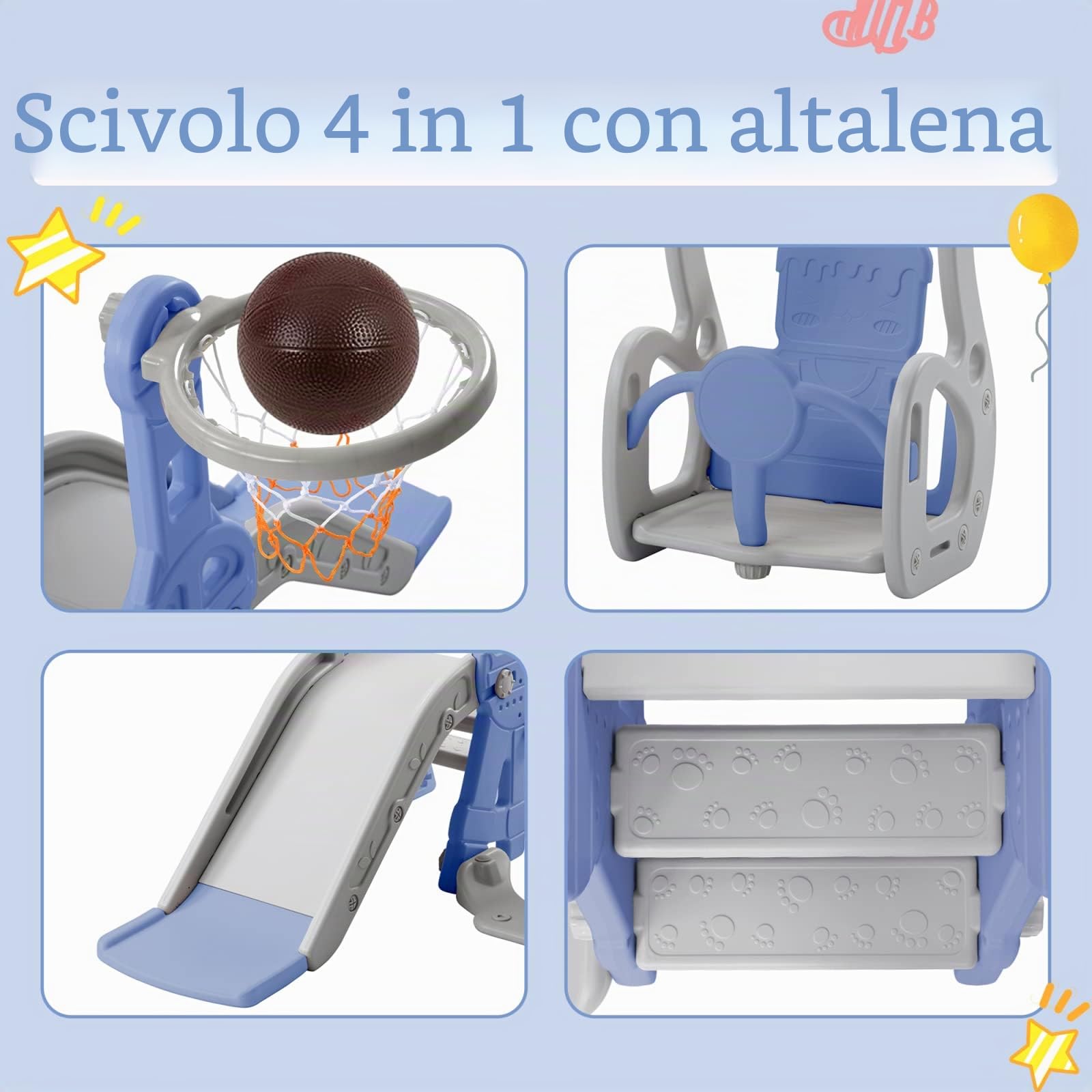Scivolo a dondolo 4 in 1 per bambini, altalena con scivolo, con supporto da basket, scala (blu)