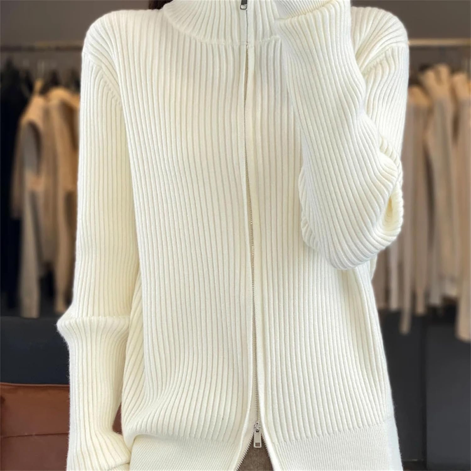 Cashmere Wool Double Zip Cardigan Sweater for Women High Collar Long Sleeve Warm Soft Basic Layering Top