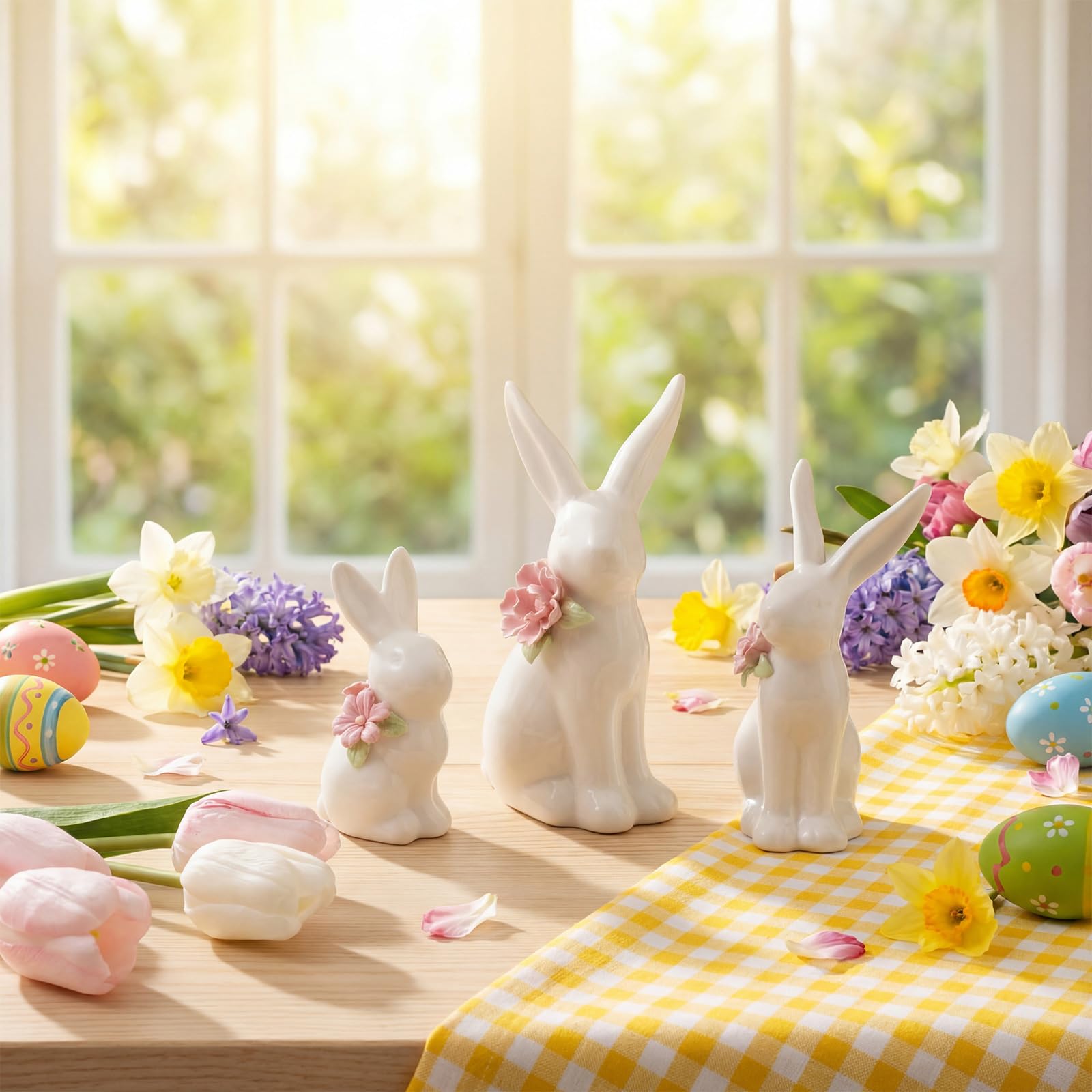 Condition photo showing Brand New for foldtier 3 pcs easter ceramic bunny tabletop figurine decor rabbit with flower sculpture table centerpiece decoration tabletop decorative for spring easter home indoor decor holiday party supplies