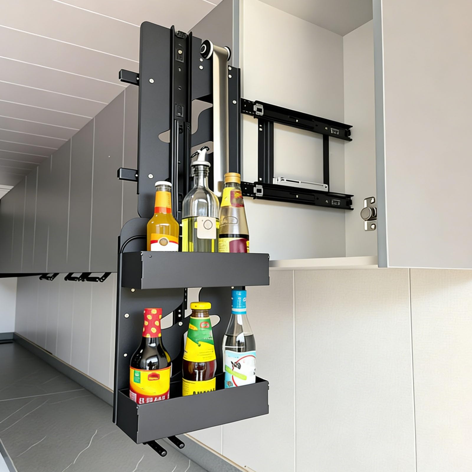 Vertical Pull-Down Manual Storage Rack Pull Down Cabinet Organizer Stainless Steel Springs With Uniform Lifting Force Suitable for Kitchens and Bathrooms Left-5.9 x 12.6 x 20.3 in