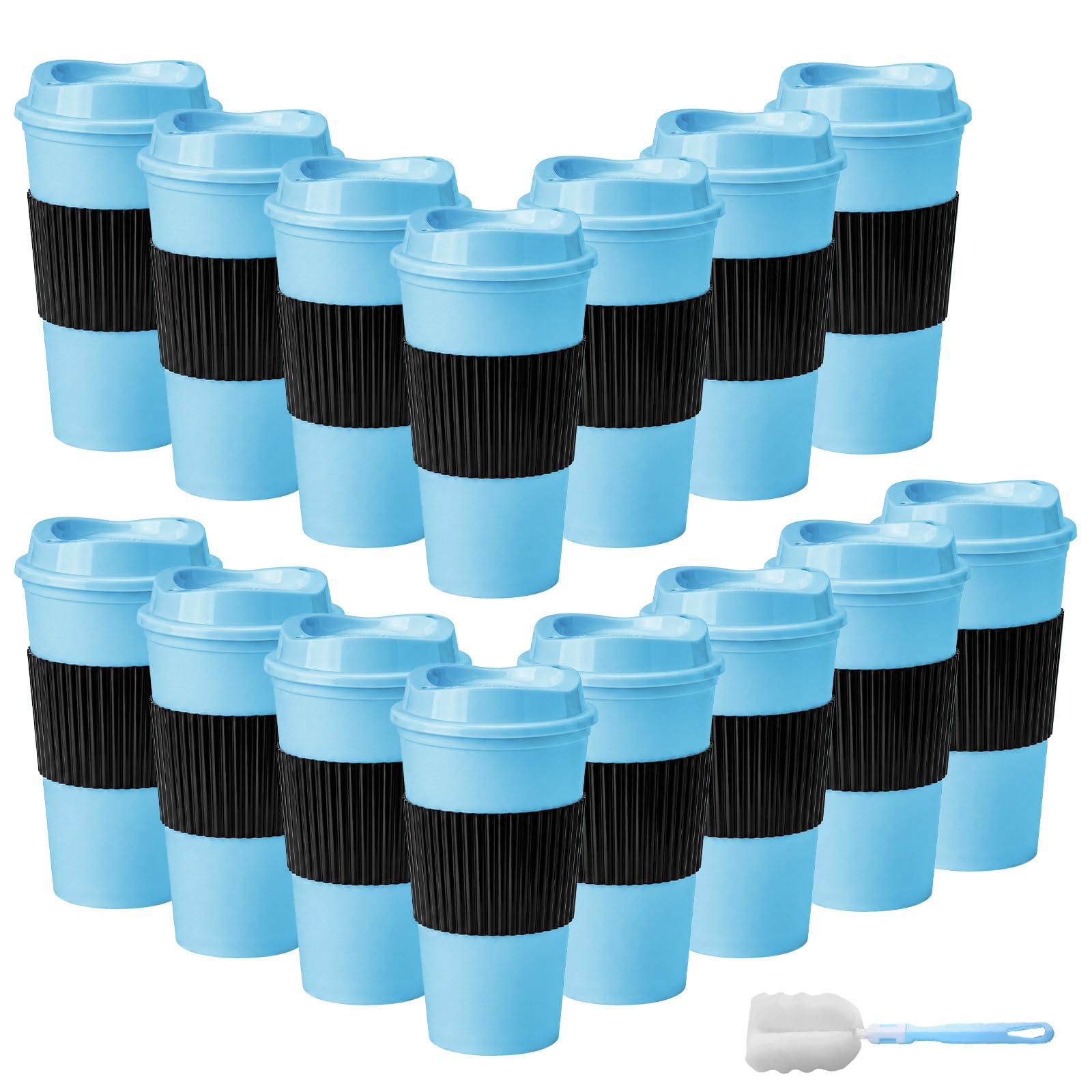 15Pcs Reusable Coffee Cups with Lids - 16 oz Plastic Tumblers to Go Ice Coffee Cups Bulk Plastic Travel Mugs for Slushie and Cold Drinks Smoothie, Home, Car, Beach, Camping & Party - Light Blue