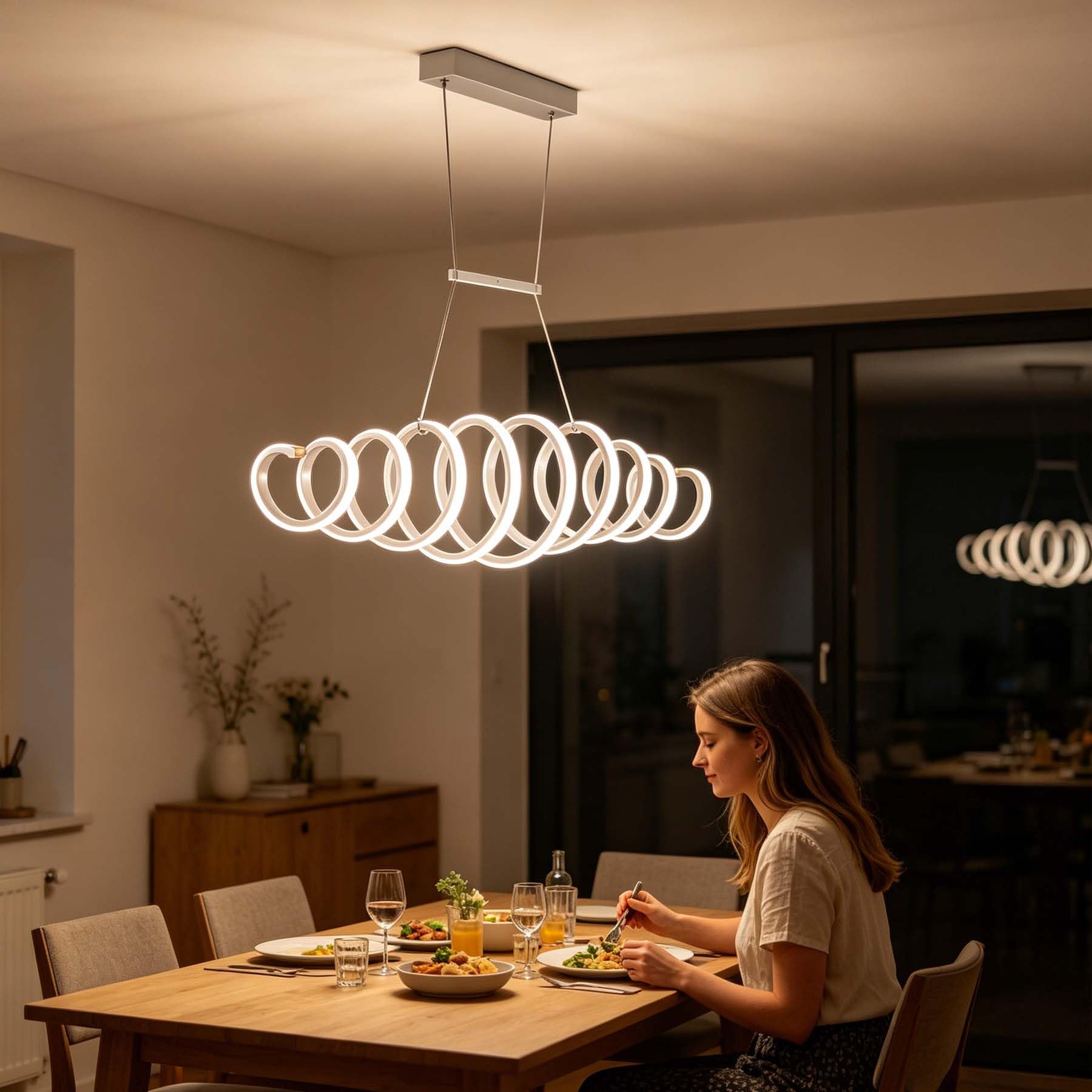 100cm LED Hängeleuchte Esszimmer Dimmbar, Höhenverstellbar Spiralförmig Hängelampe mit Farbtemperatur Einstellbar, Moderne Weiß Pendelleuchte für Esstisch Büro Bar Wohnzimmer Küche