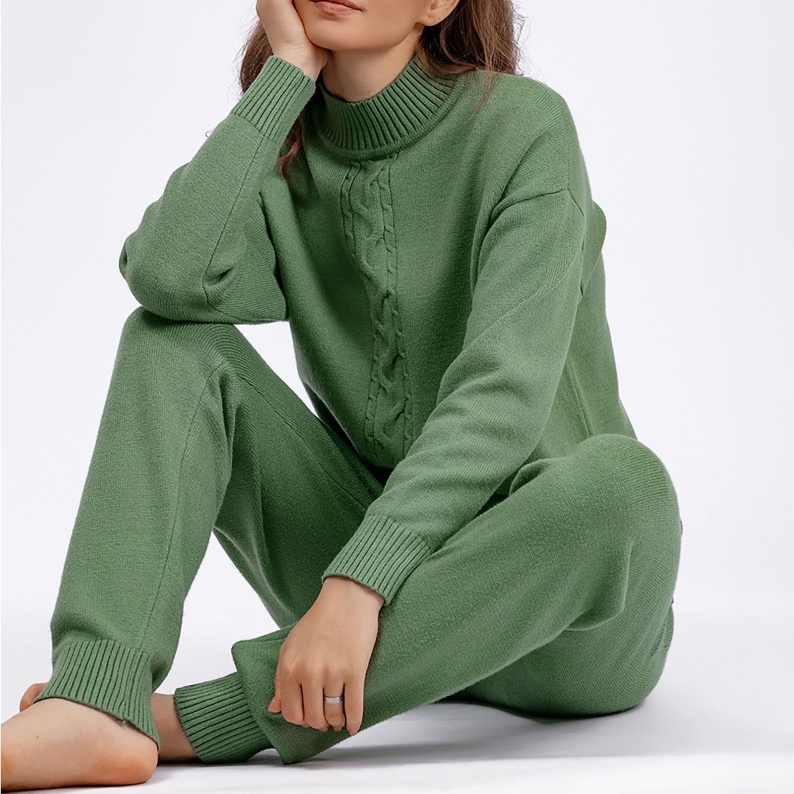 Conjunto de pijama de invierno cálido para mujer, Pijamas de color liso, alto cuello alto, salón, suave, cómodo, pantalones delgados, ropa de dormir informal, grande, pijamas de algodón y manga larga