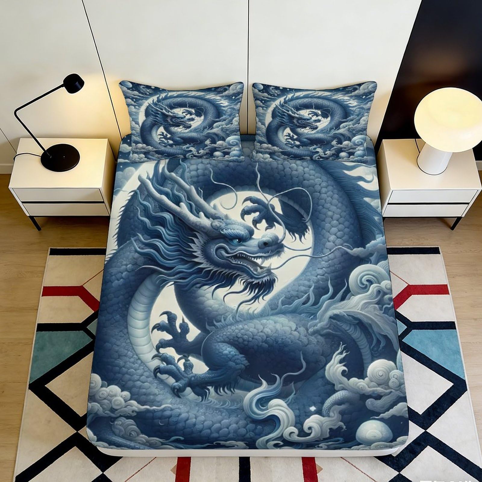 3D Printed Blue Chinese Dragon Fitted Sheet Microfiber Soft Breathable Japanese Wave Bed Cover for Bedroom Guest Room Decor 90x200x25cm