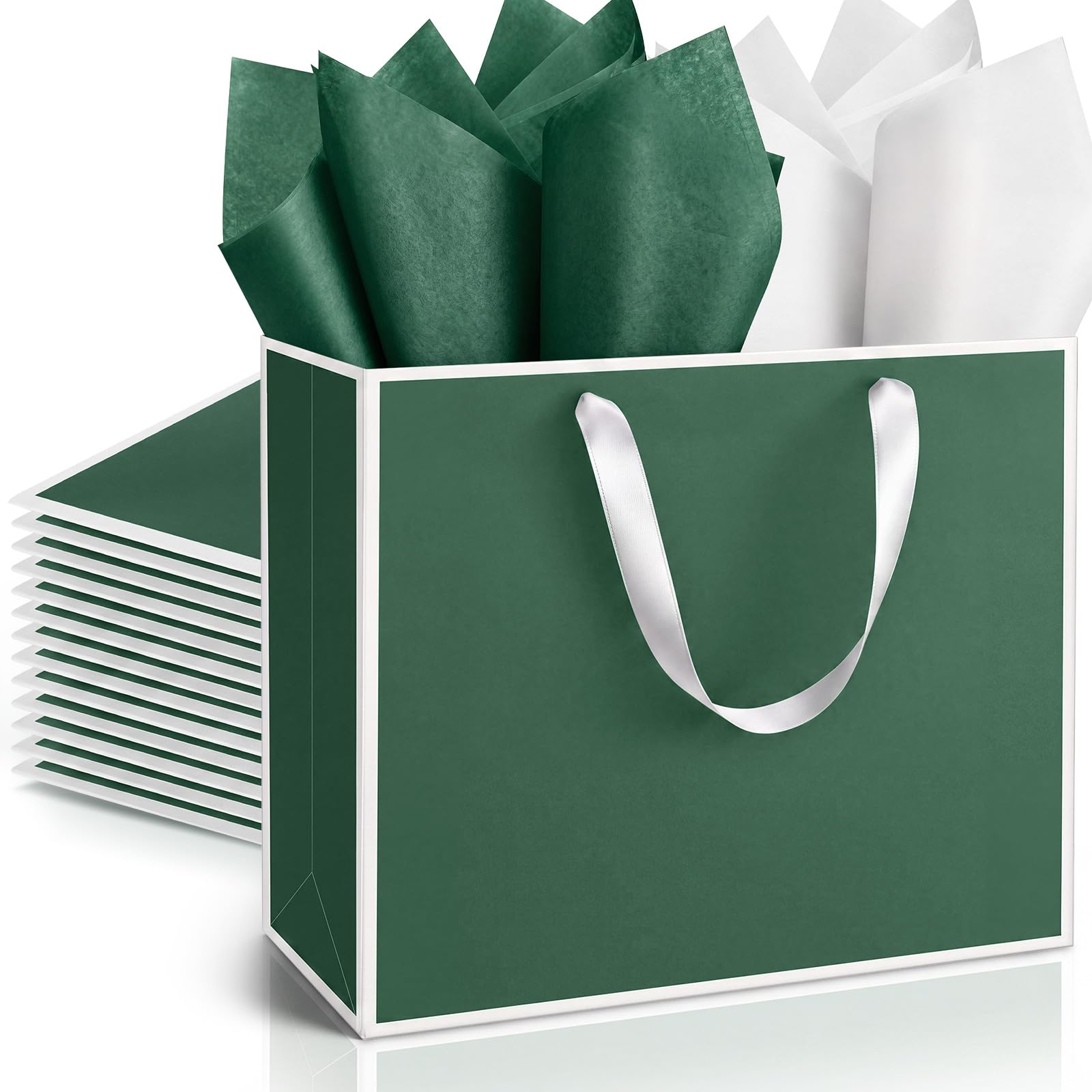 ReliThick 12 Pack Paper Gift Bag with Handles & Tissue, Green, White