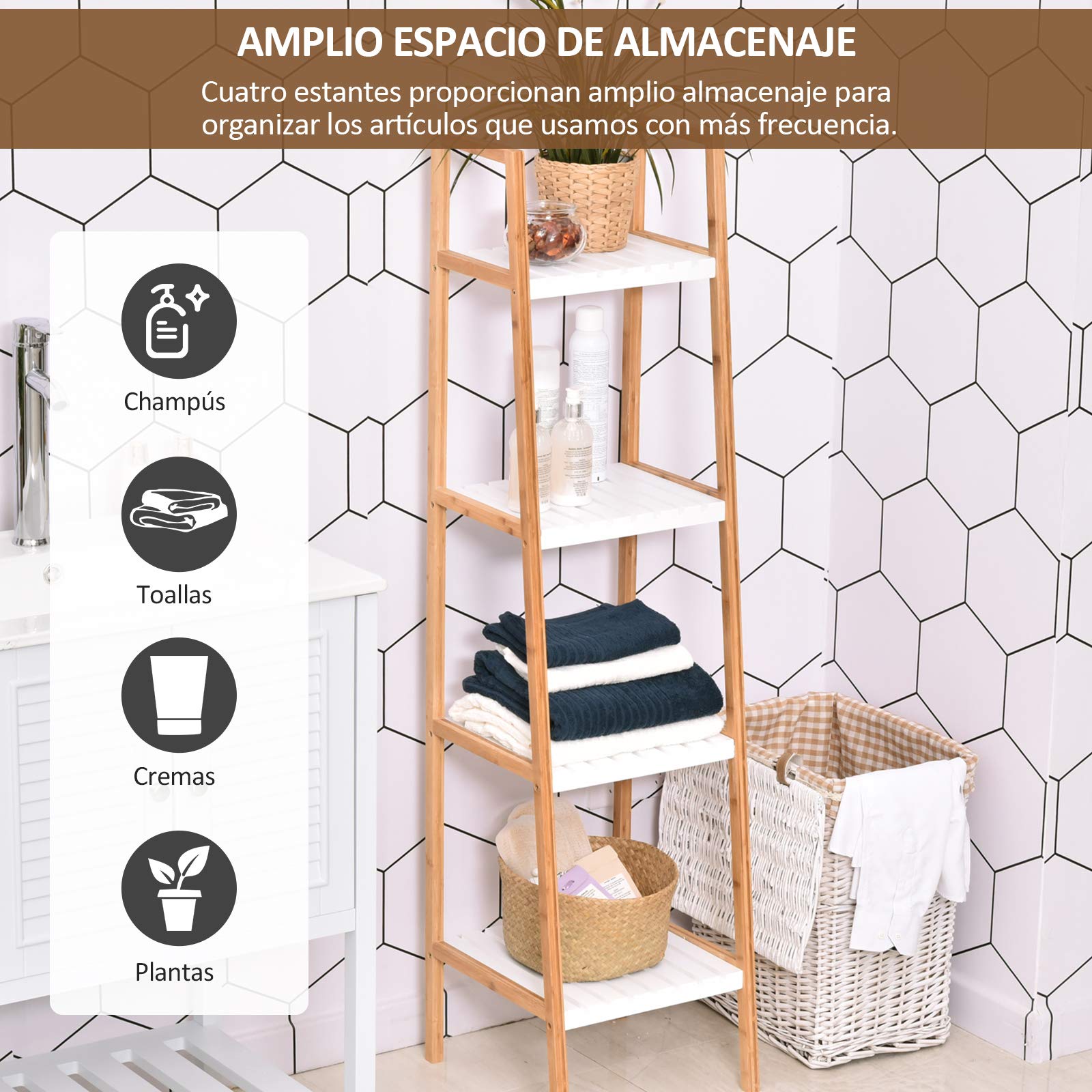 kleankin Estantería Escalera 4 Niveles 35x36x138,5 cm Blanco y Natural