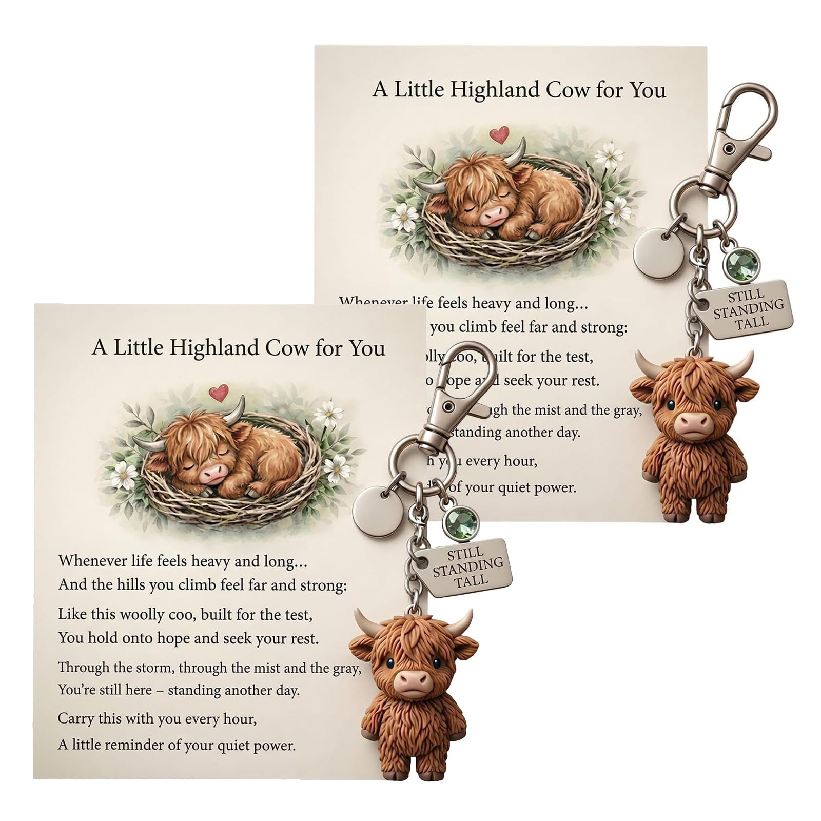 Highland Cow Keychain, Highland Cow Keyring, A Little Highland Cow for You Keychain,Daily Reminder of Quiet Strength,Cute 3d Resin Tiny Cow Keychainwith Birthstone & Sentiment Card for Friends (2pcs)