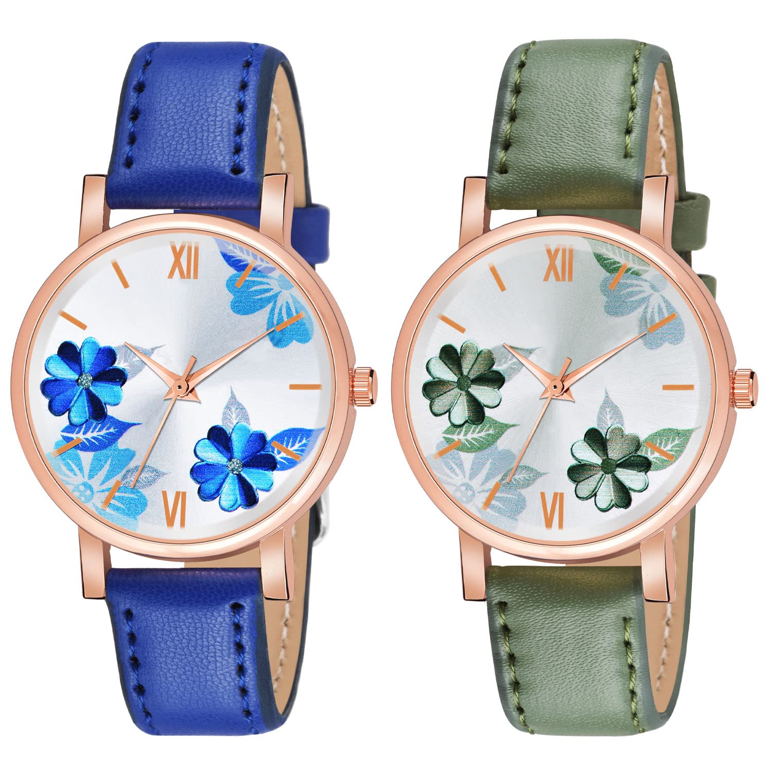 Shocknshop Analog Multi colored Flower Design Dial Combo Wrist Leather Band Watch for Women Girls - (Blue & Green Colored Strap) (B0BD8P9514) Amazon Price History, Amazon Price Tracker