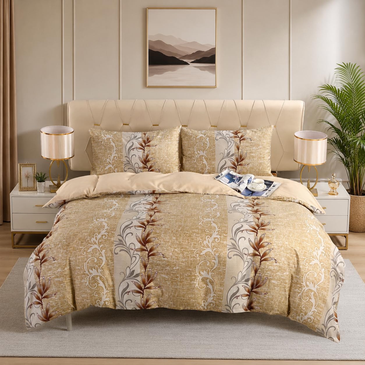 Feels Home Complete Set Bliss Beige Floral Bedding Set 3Pcs – Double Duvet Cover, Fitted Sheet & 2 Pillowcases | Smooth, Lightweight & Easy Care