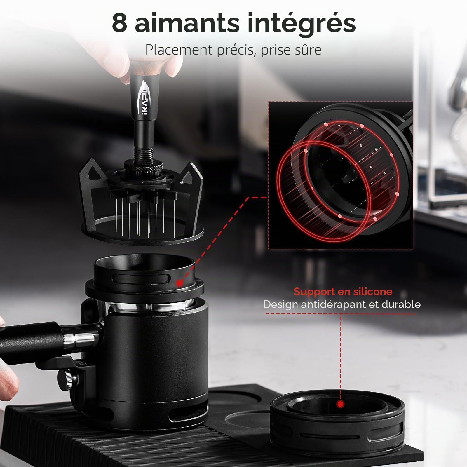 IKAPE Espresso Coffee V3 WDT Outil, outil de mélange et de distribution de 58 mm, équipé d'un mélangeur à 8 aiguilles, hauteur d'aiguille réglable, agitateur à café avec entonnoir de dosage et support