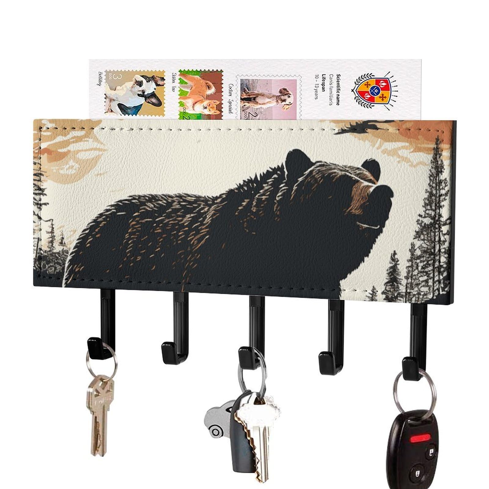 Fekiloot Black Bear Silhouette Key Holder For Wall Adhesive, No Drilling, Key Hooks With 5 Hooks Wall Mounted, Self Adhesive Keys Rack For Entryway, Hallway, Living Room, Kitchen, Office