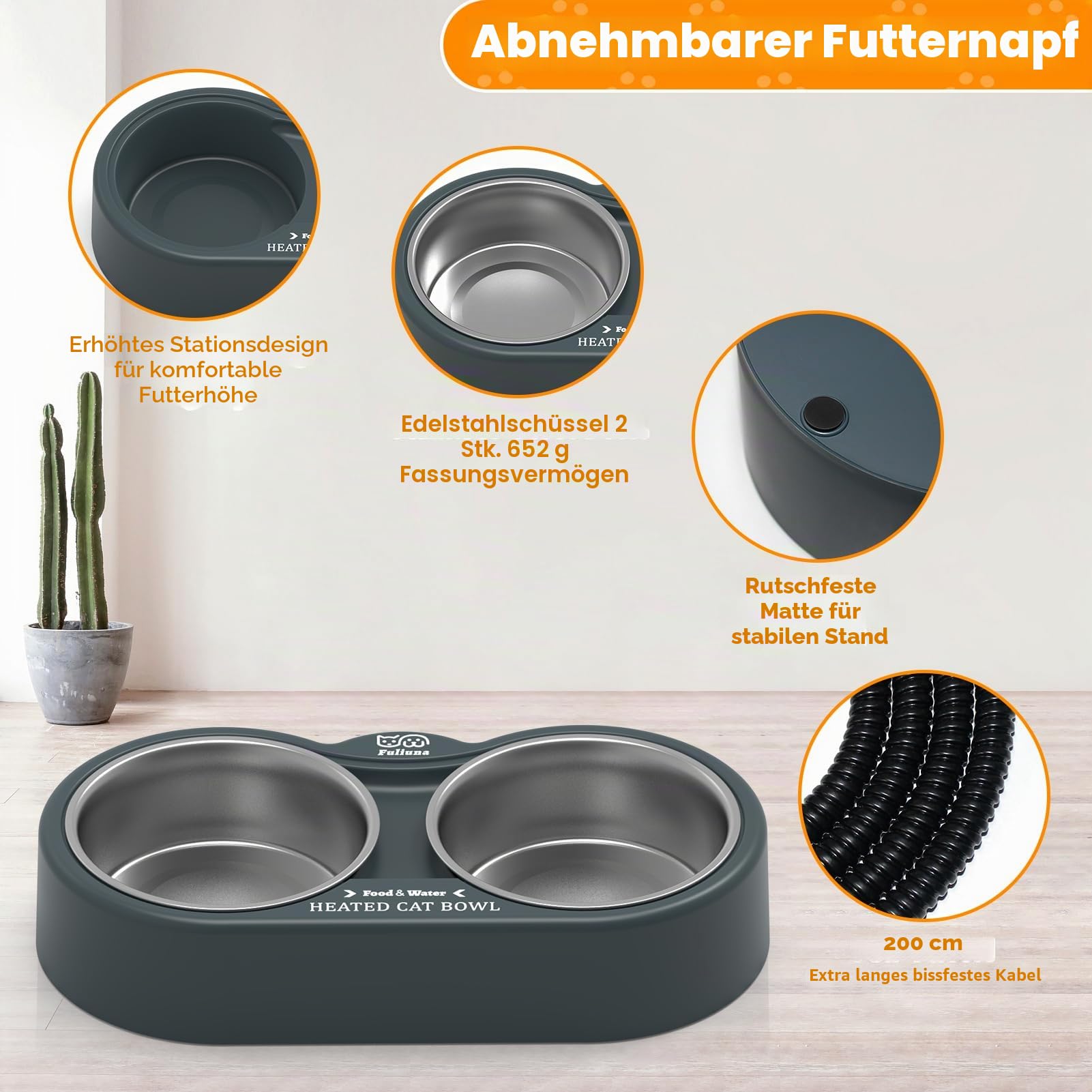 Beheizter Katzennapf im Winter, beheizter Futternapf für den Außenbereich mit doppeltem Edelstahlnapf, 652 ml, beheizter Wasser-Futternapf für Katze, Haustier, thermischer Futternapf bietet