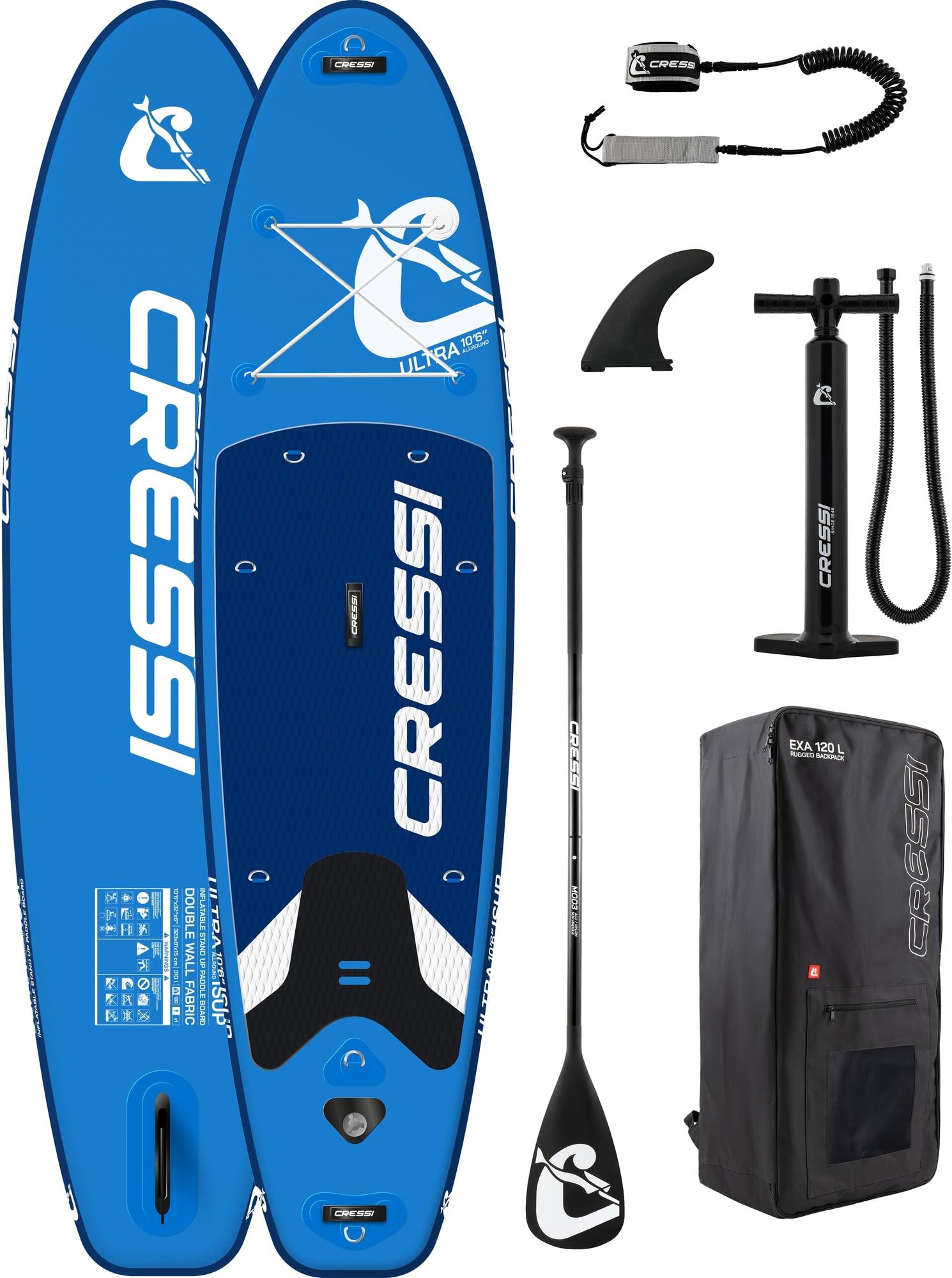 CRESSI dal 1946 - Ultra Isup/Kayak Set - Tavola Sup Gonfiabile Adulti Grande Stabilità e Resistenza Completa di Accessori Pagaia Pinna Pompa Laccio Borsa Zaino - 320x81x8 cm Max 130 kg