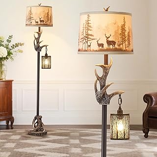 Damoskoo Rustic Deer Antlers Floor Lamps with Forest-Style Nightlight Finish Shade Lamps, Vintage Farmhouse Antlers Floor Lamp for Living Room Bedroom Office Study House (Bulbs Included)